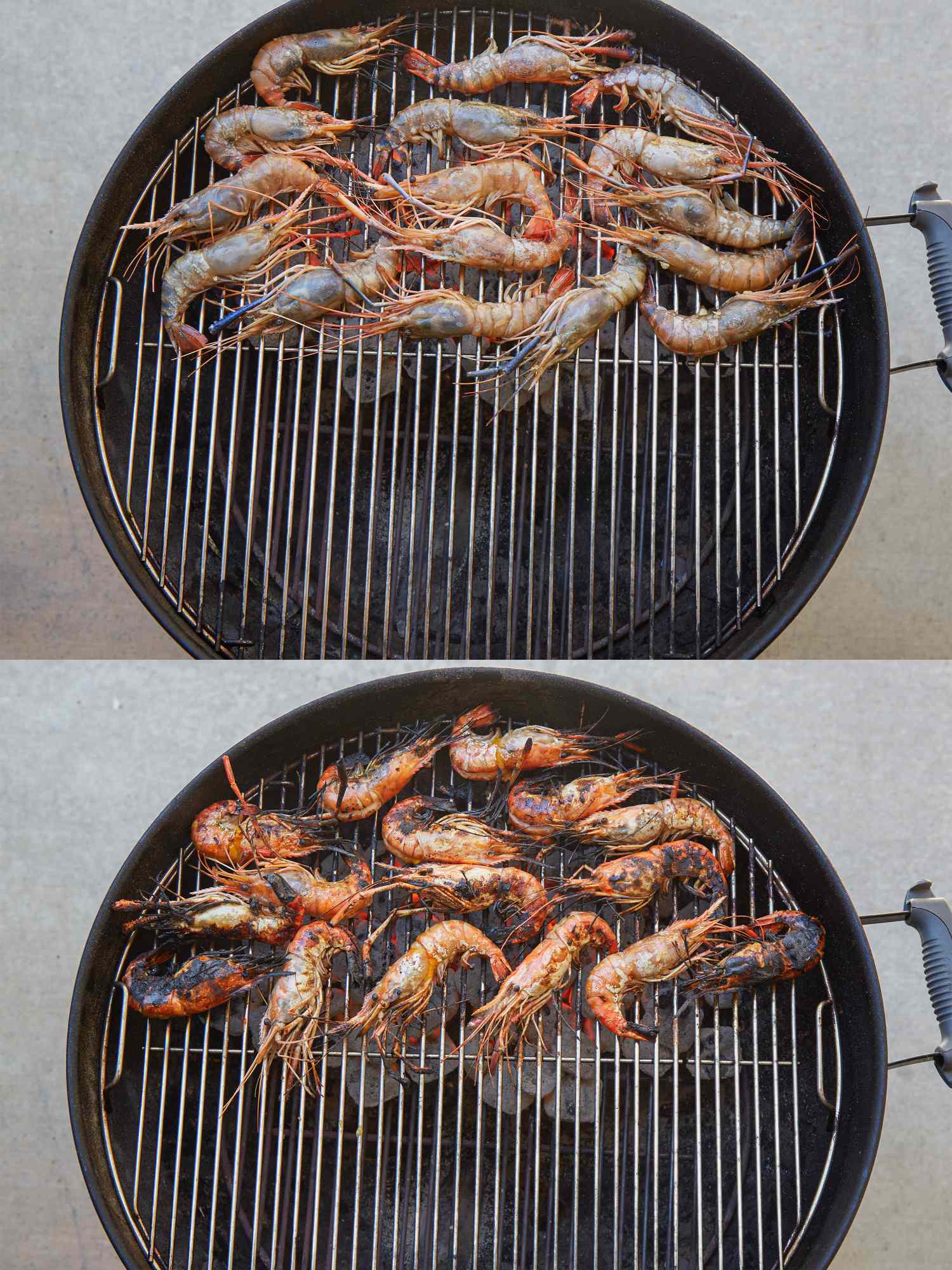 Progress of prawns being grilled on a barbecue