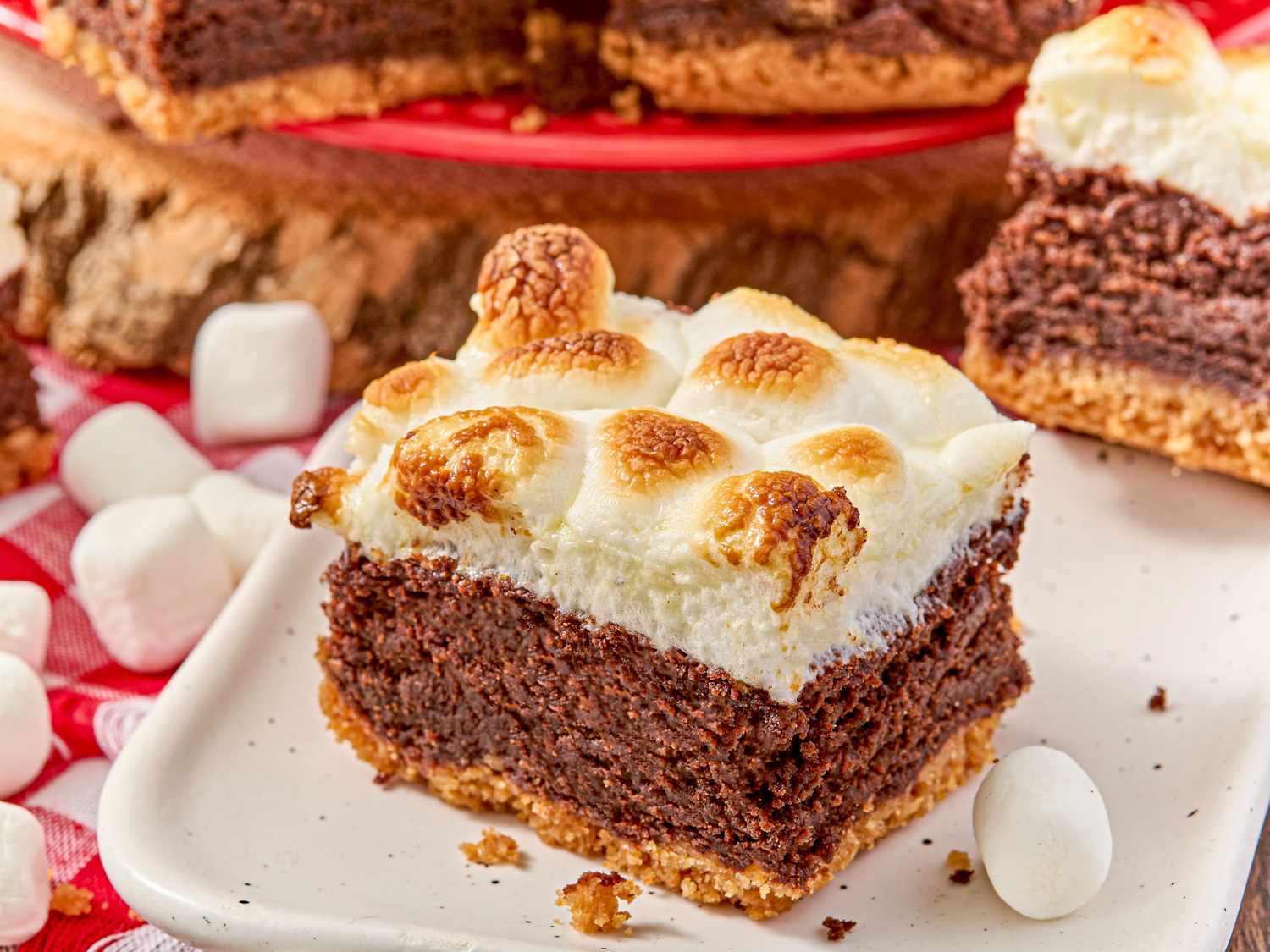 A slice of brownie topped with toasted marshmallows on a plate surrounded by mini marshmallows
