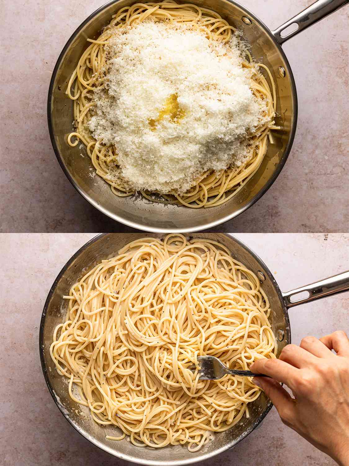 A two-image collage. The top image shows the pasta in a skillet covered in grated cheese. The bottom image shows the cheese being incorporated into the pasta with a metal fork.