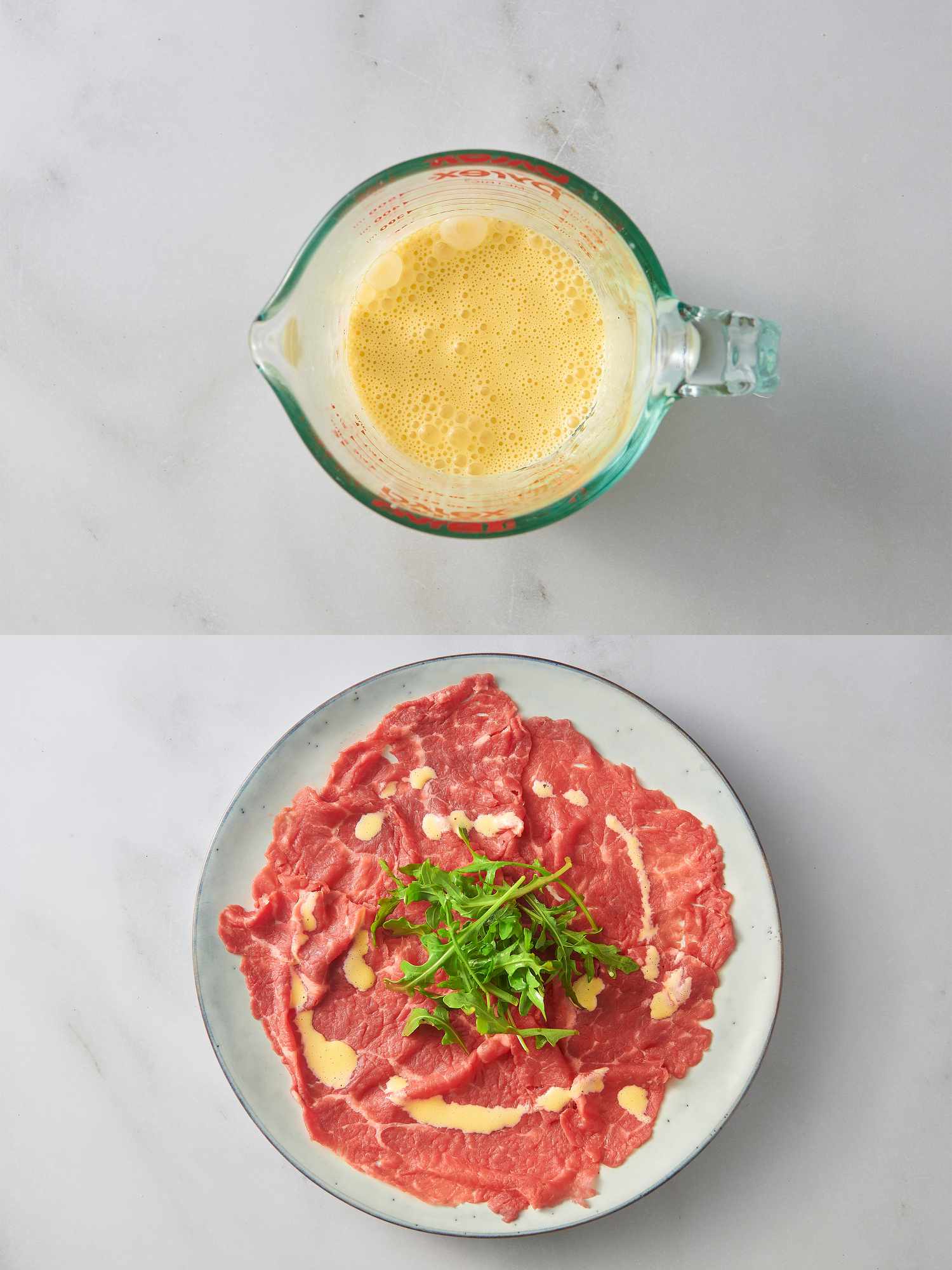 oil, lemon juice, mustard, egg yolk, salt, and pepper mixed up, and Mustard sauce drizzled around a plate