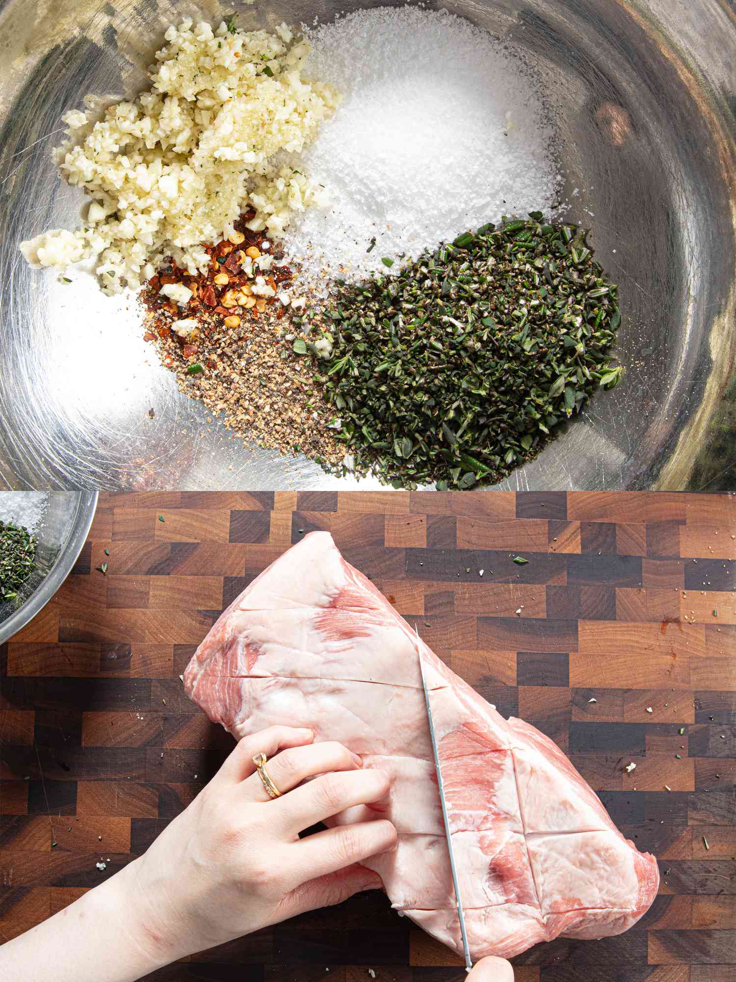 Two image collage of seasoning and cutting pork fat