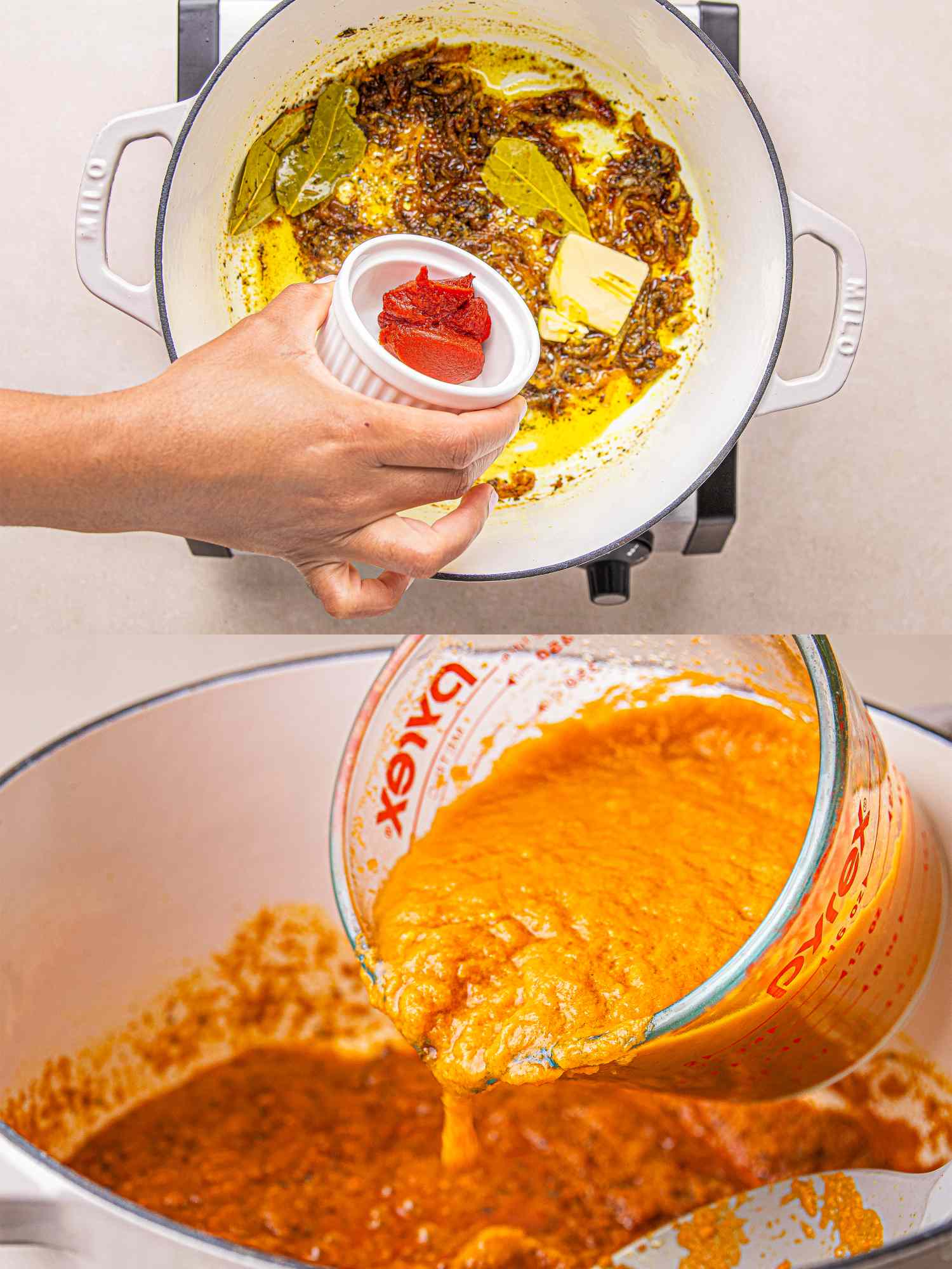 Making jollof rice in a pot with added ingredients like tomato paste and blended sauce