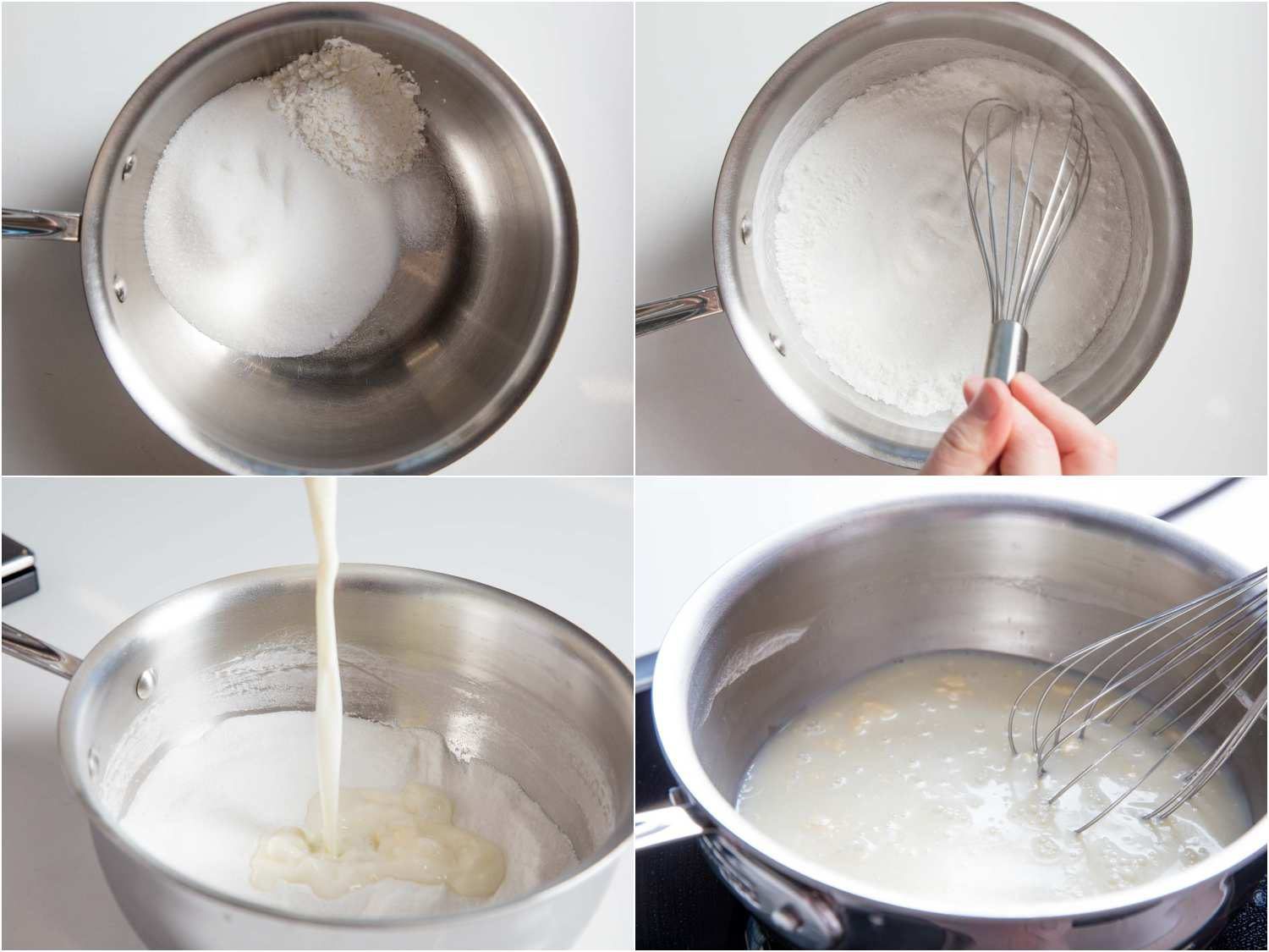 4-image collage of preparing the gelato base: combining sugar and cornstarch and whisking the mixture into cream and milk before warming it up to dissolve the cornstarch. 