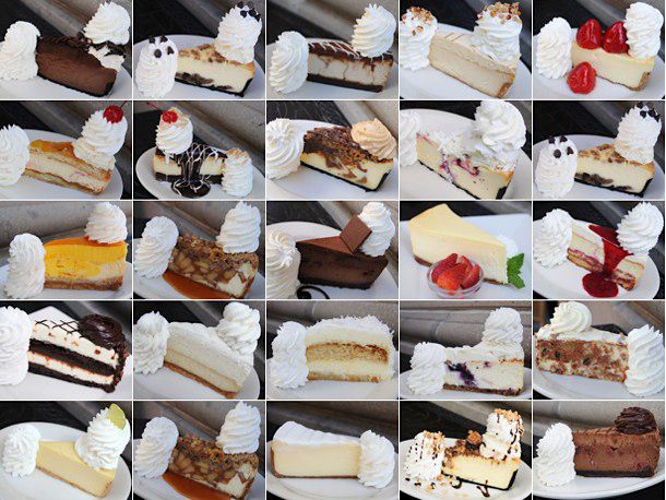 A collage of 25 slices of Cheesecake Factory cheesecakes.