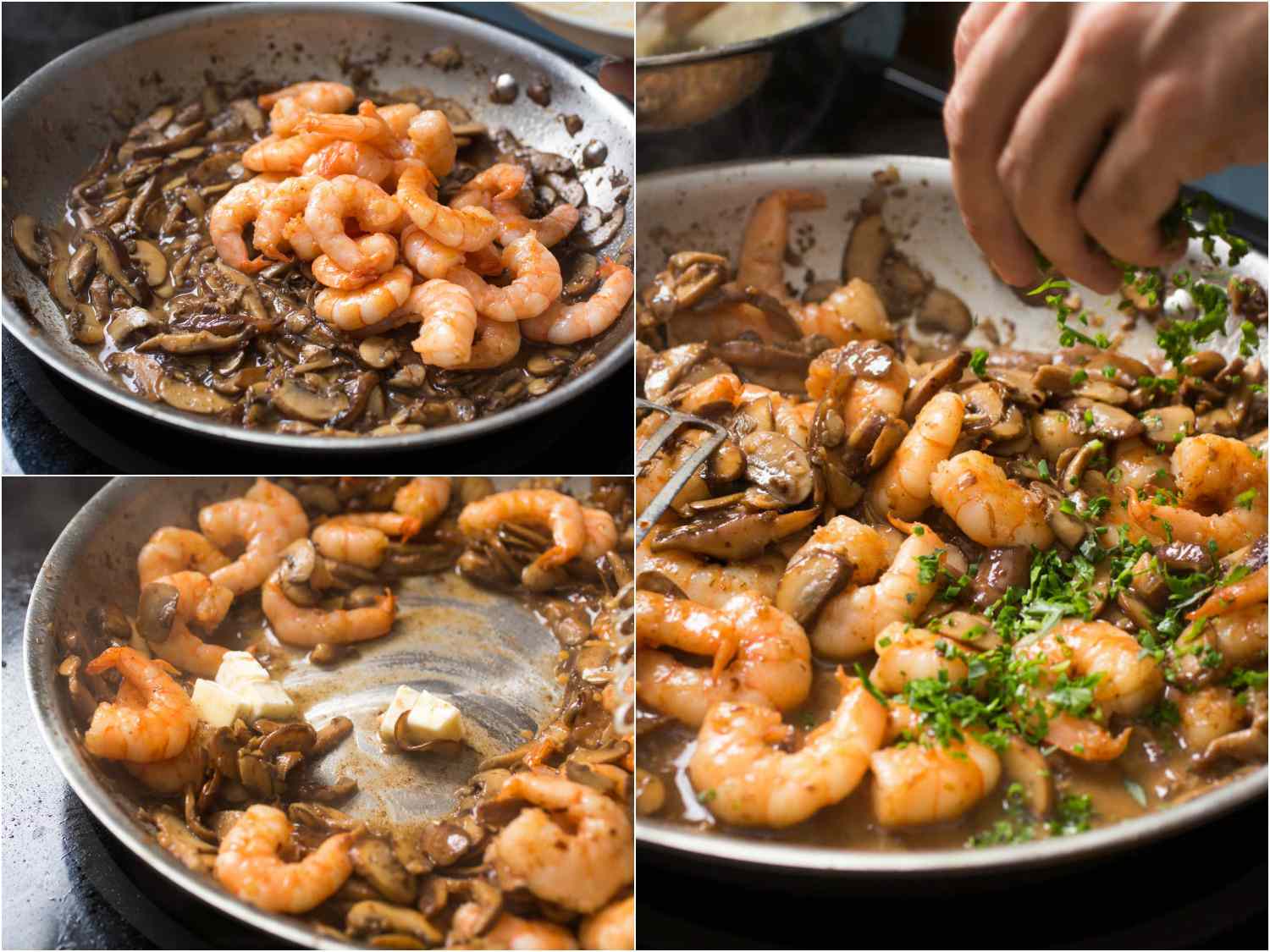 A collage: combining sauteed shrimp with browned mushrooms, finishing with chopped herbs and butter.
