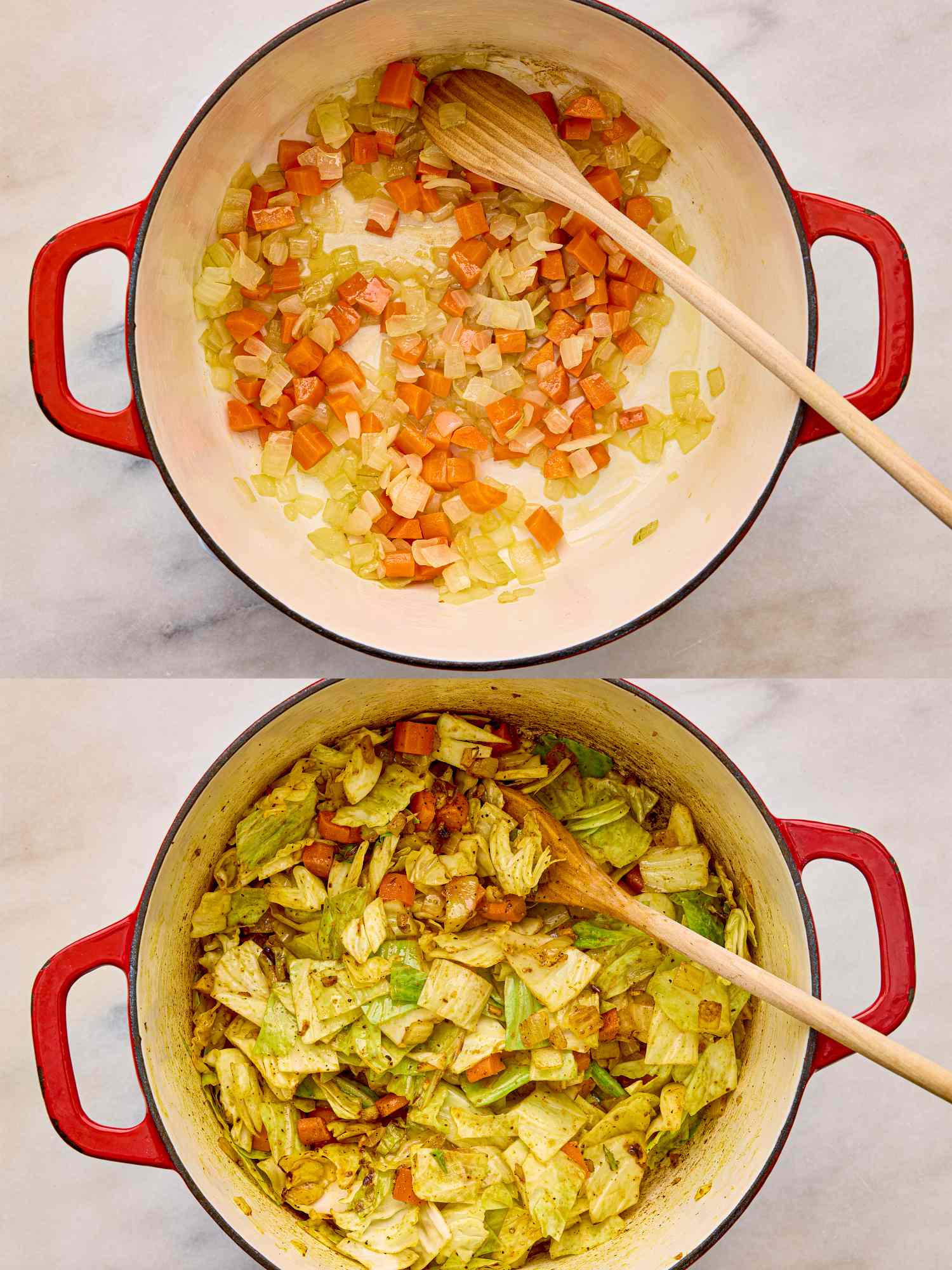 Cooking cabbage soup in a red pot with visible vegetables like carrots and onions transition between two stages of cooking