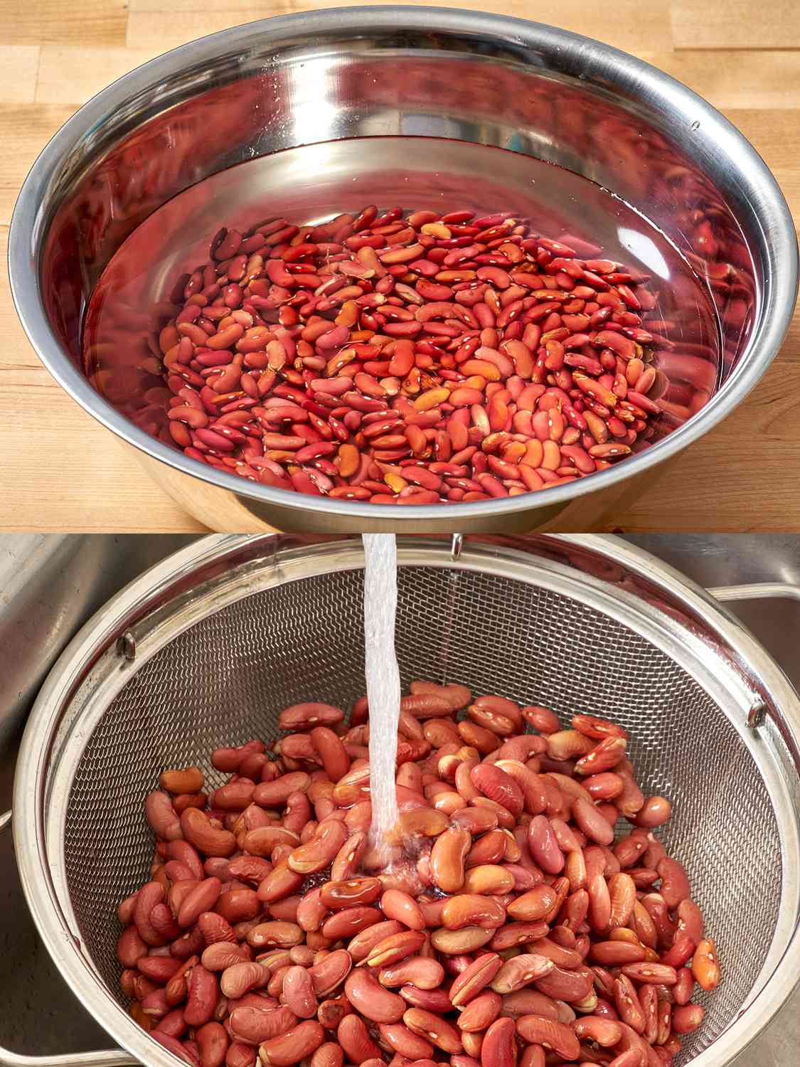 Red beans in a large pot of water, then being rinsed and drained. 