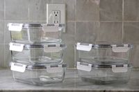 Hold Everything Rectangular Glass Food Storage Containers, 10-Piece Set with white snap lids on a countertop