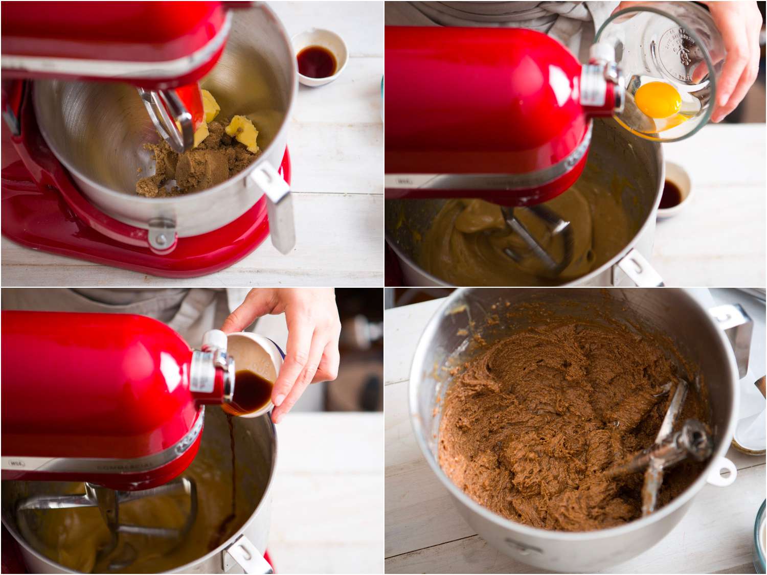 Collage showing the butter, eggs, and vanilla being incorporated into the dry ingredients in the bowl of a stand mixer