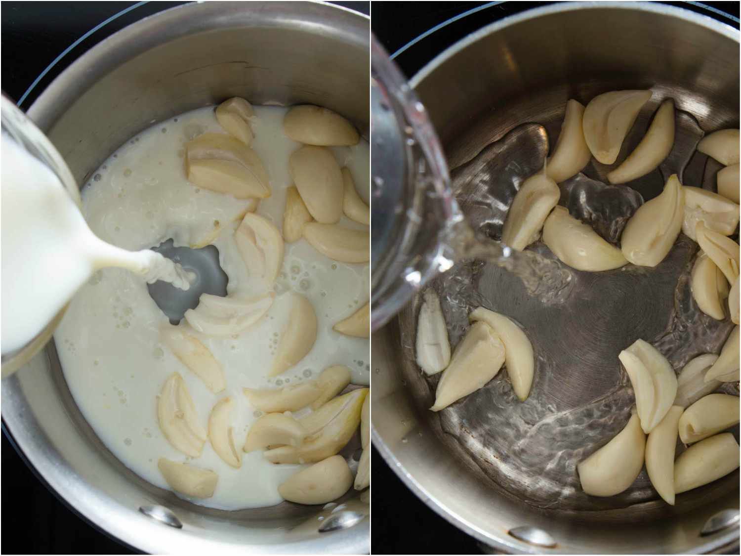 Collage of two photos, showing milk and water, respectively, being added to a pot of garlic cloves.