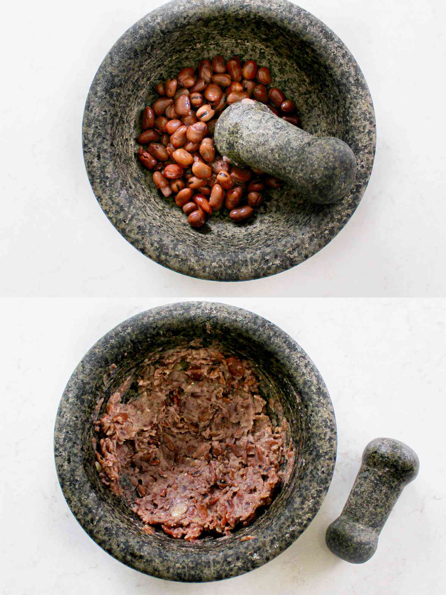 Two image collage of mashing fava beans