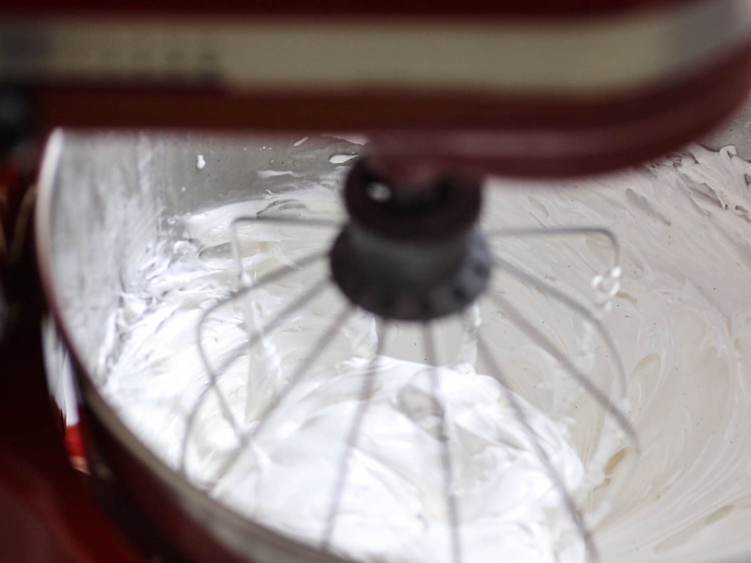 Finished meringue with whisk in stand mixer