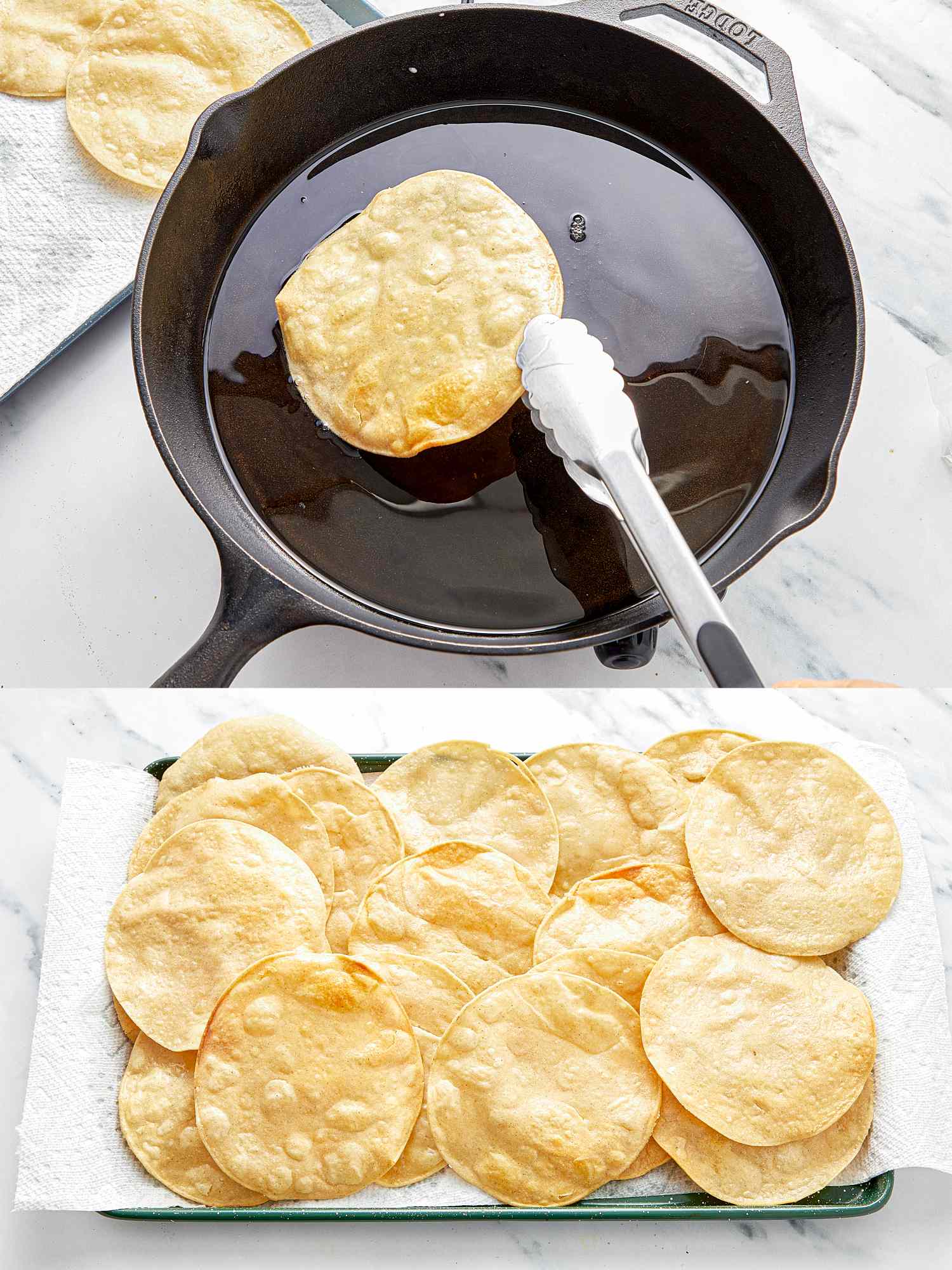 Frying tortilla in a pan finished tortillas on a paperlined dish