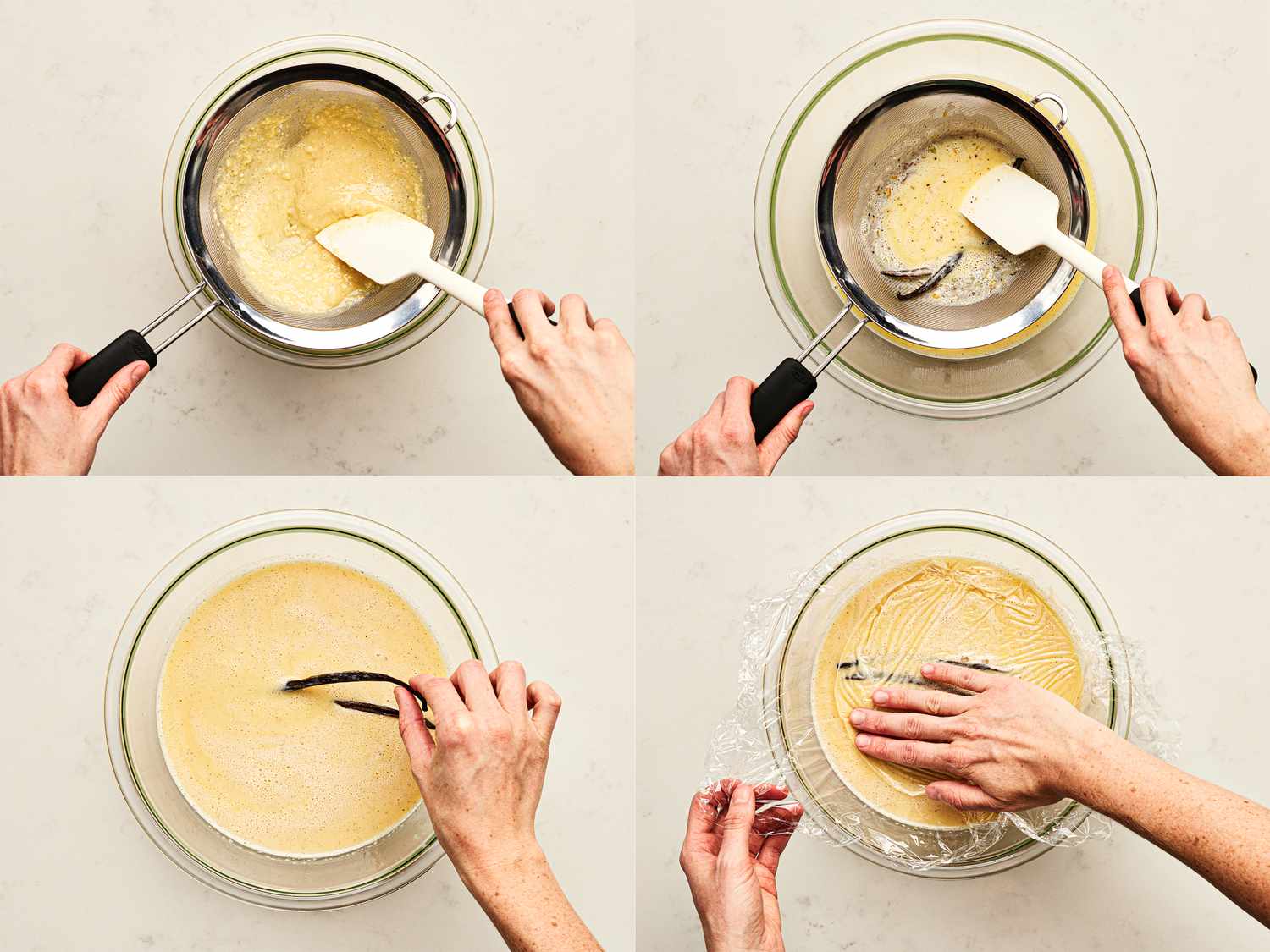 Four image collage of pushing batter through strainer, placing vanilla in batter and covering with plastic