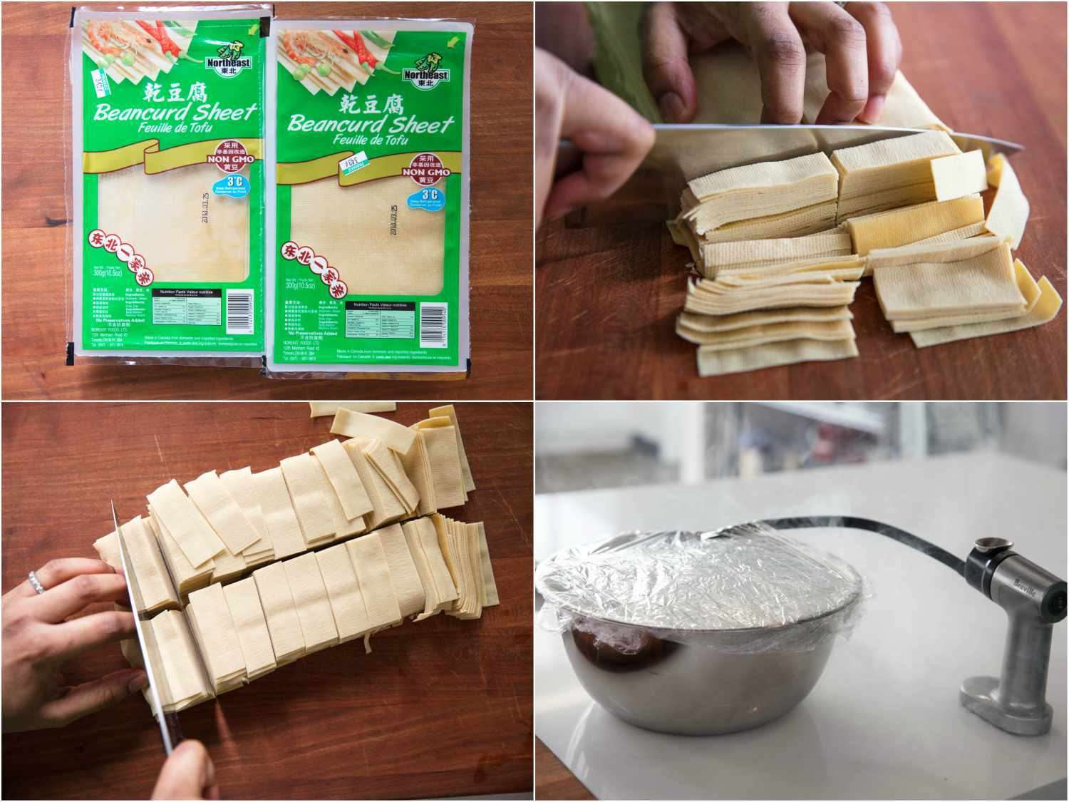 A four-image collage. The top left image shows the yuba sheets in their packaging. The top right image shows the yuba being sliced into think pieces. The bottom left image shows an overhead shot of the yuba being sliced. The bottom right image shows the yuba being smoked inside of a metal bowl.