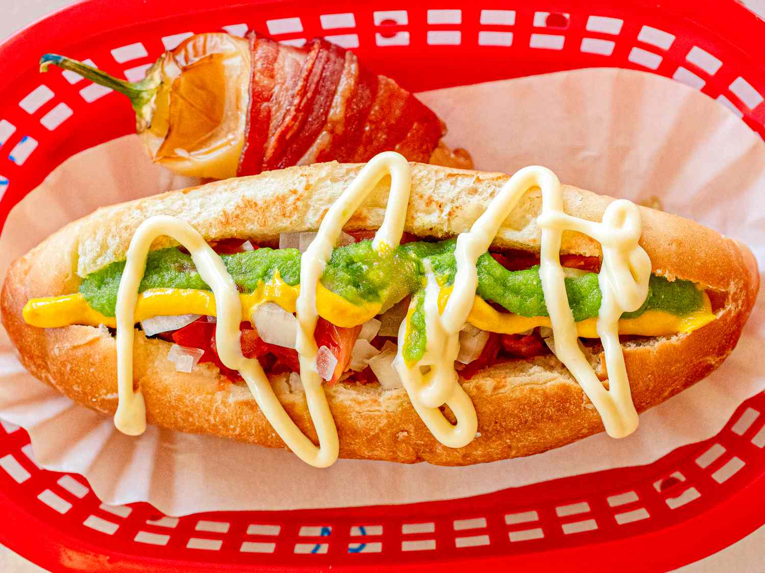 Overhead view of hot dog