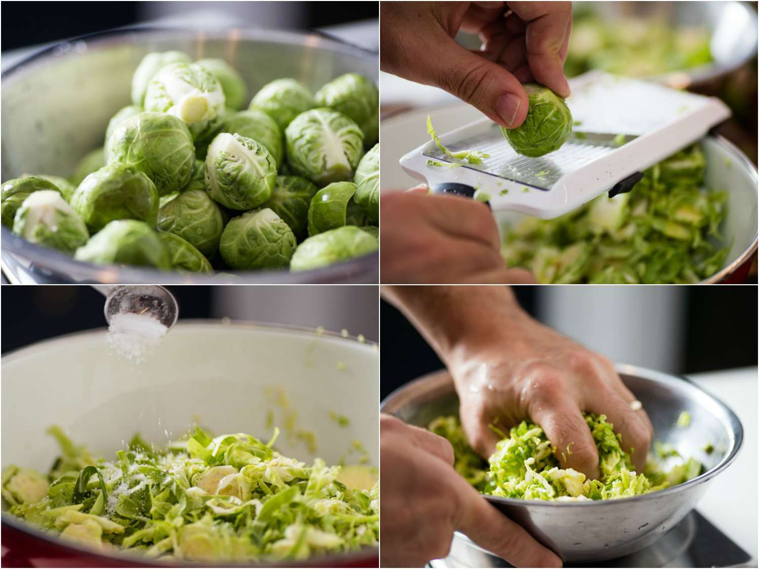 A collage: Brussel sprouts in a mixing bowl being shredded with a mandoline; author sprinkling salt onto shaved Brussel sprouts and kneading the sprouts. 