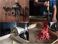 Chop-rite manual meat grinder features: cast iron and metal parts; cranking a piece of celery through; a close up of celery being ground; ground beef