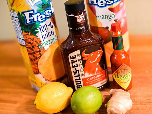 Closeup of the ingredients needed to make Bull's Eye fruity citrus barbecue sauce.