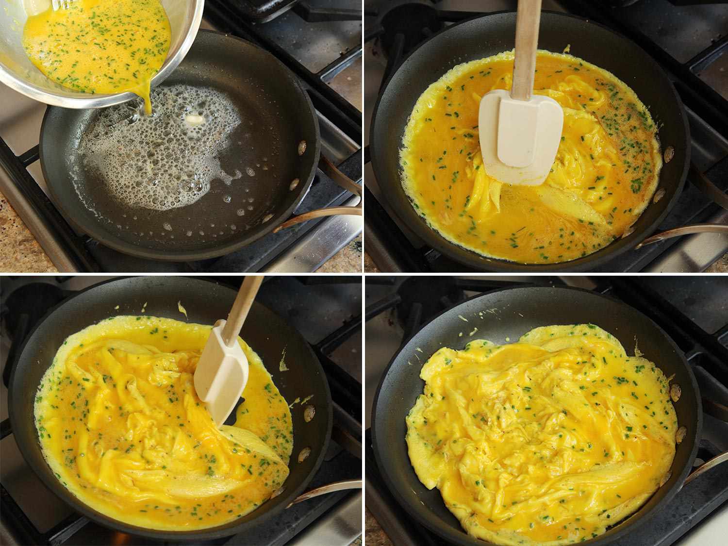 A four image collage. The top left shows whisked eggs being poured into a pan. The top right shows a spatula stirring the eggs around in the pan. The bottom left shows the spatula moving the eggs that are solidifying. The bottom right shows cooked eggs in a pan. 