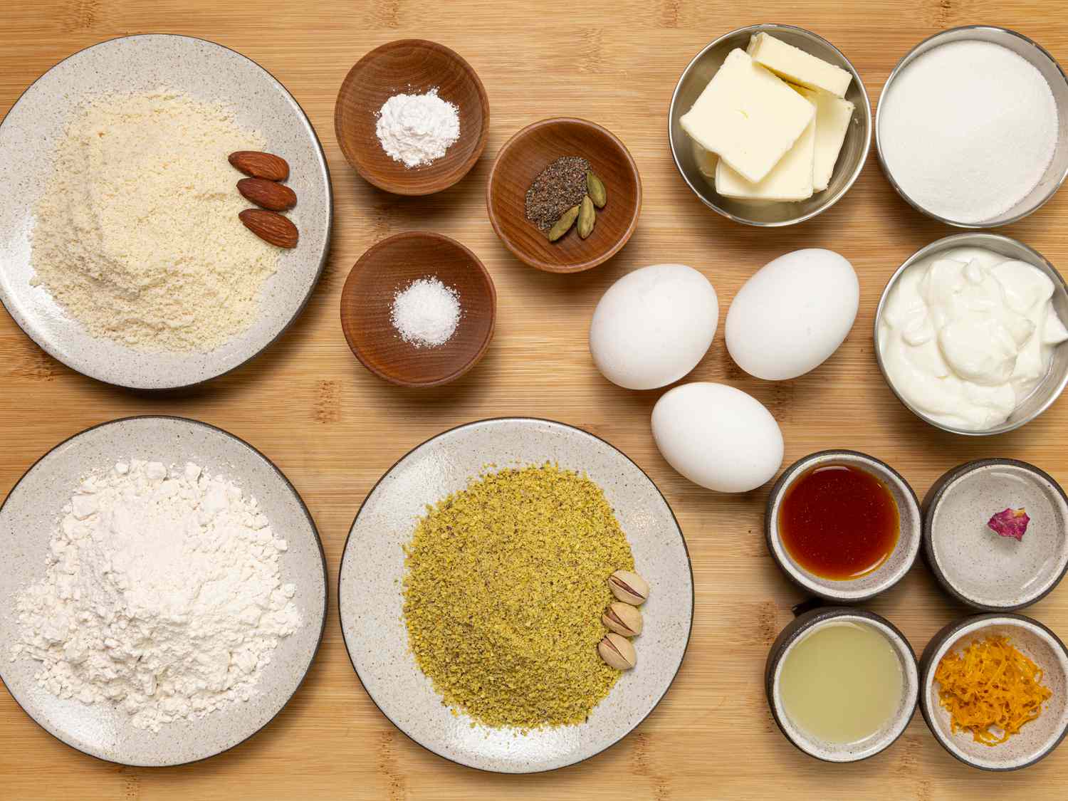 Mise en place of all the ingredients to make baklava cake 