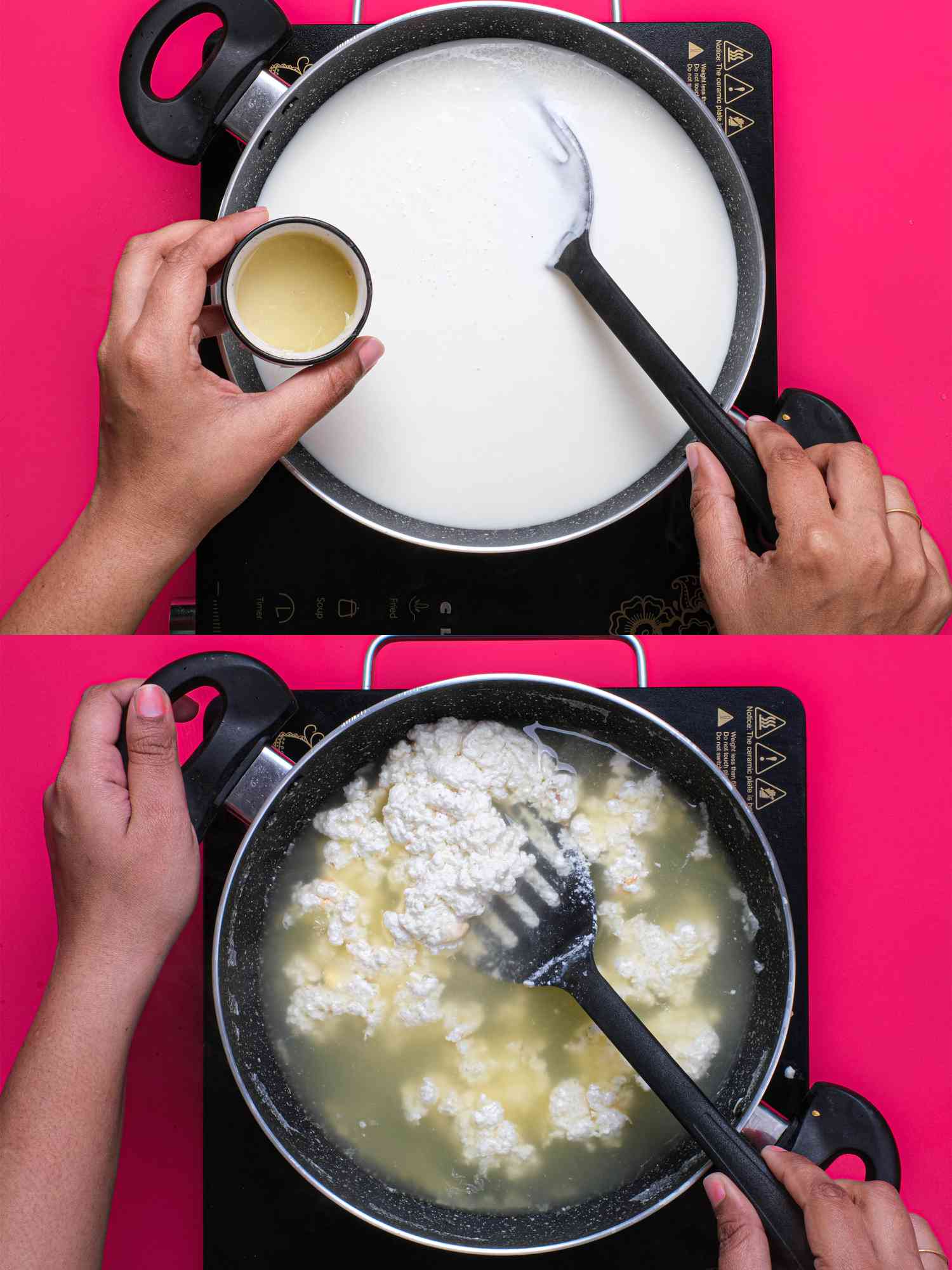 Two image collage of adding lemon juice to milk and scooping curds out