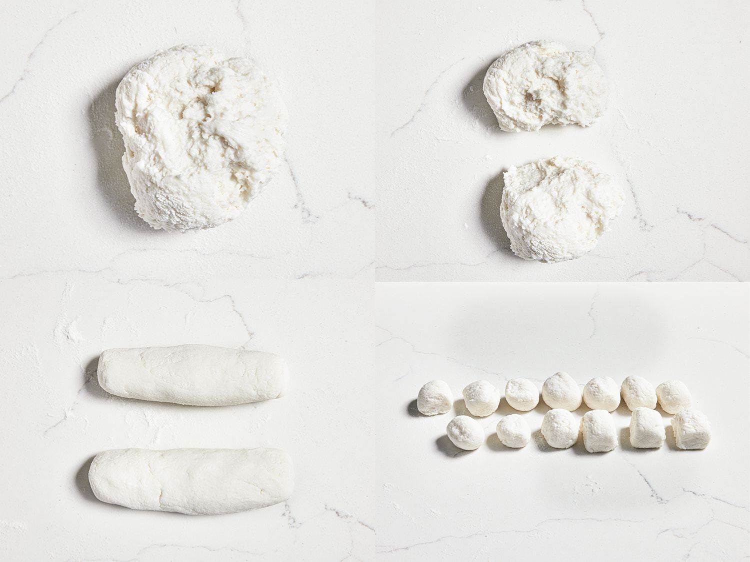 Four image collage of dough in rough ball, split into two, rolled into to logs and cut into small balls. 