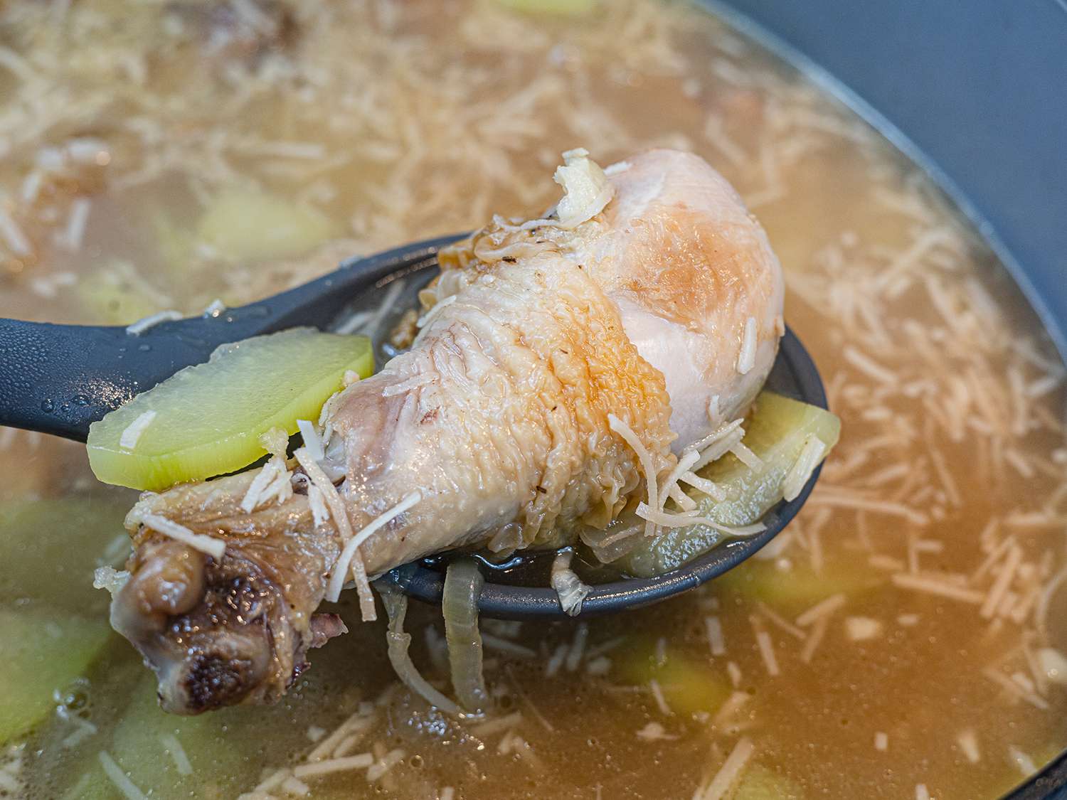 Chicken and chayote cooking.