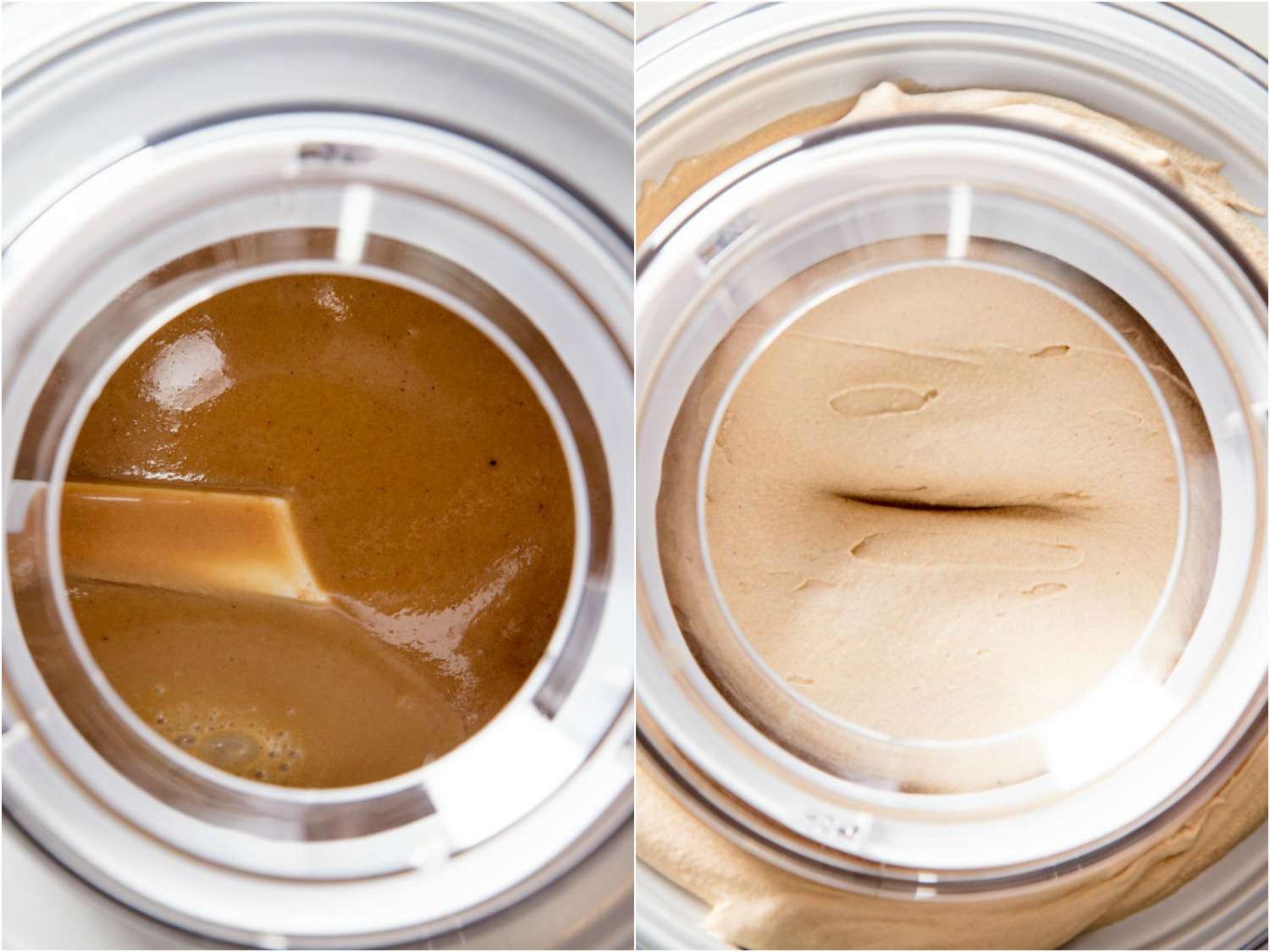 Collage of overhead shots of Biscoff ice cream churning in an ice cream machine