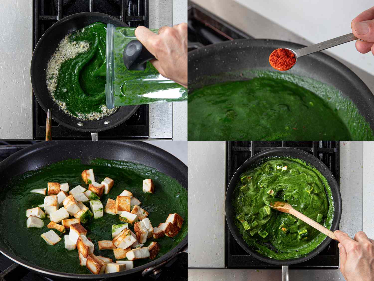 Four Image collage. Clockwise from top left: Spinach puree being poured into pan with garlic and spices; paprika being added to pan; cream added with paneer and spinach in pan; paneer added to spinach puree in pan. 