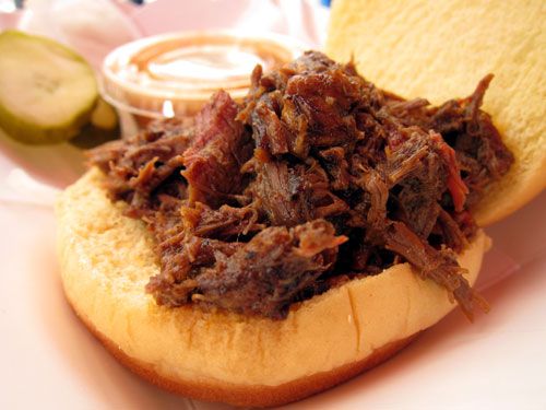 Mutton barbecue on a bun. 