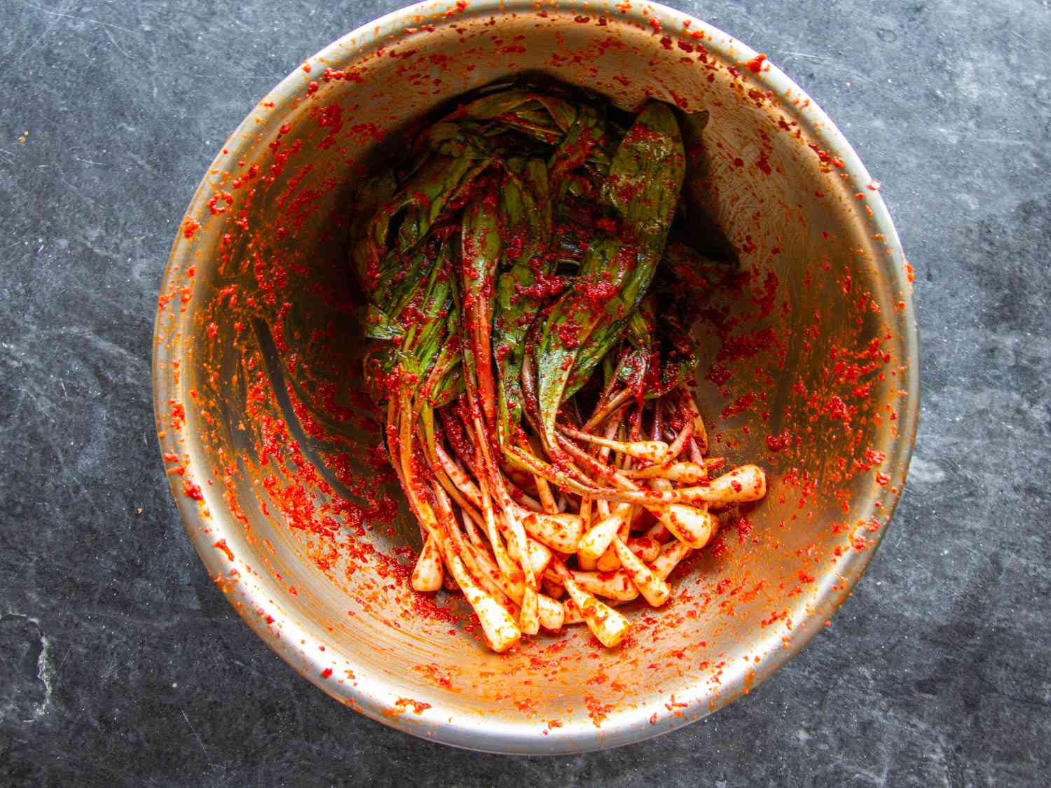 A mixing bowl of ramp kimchi