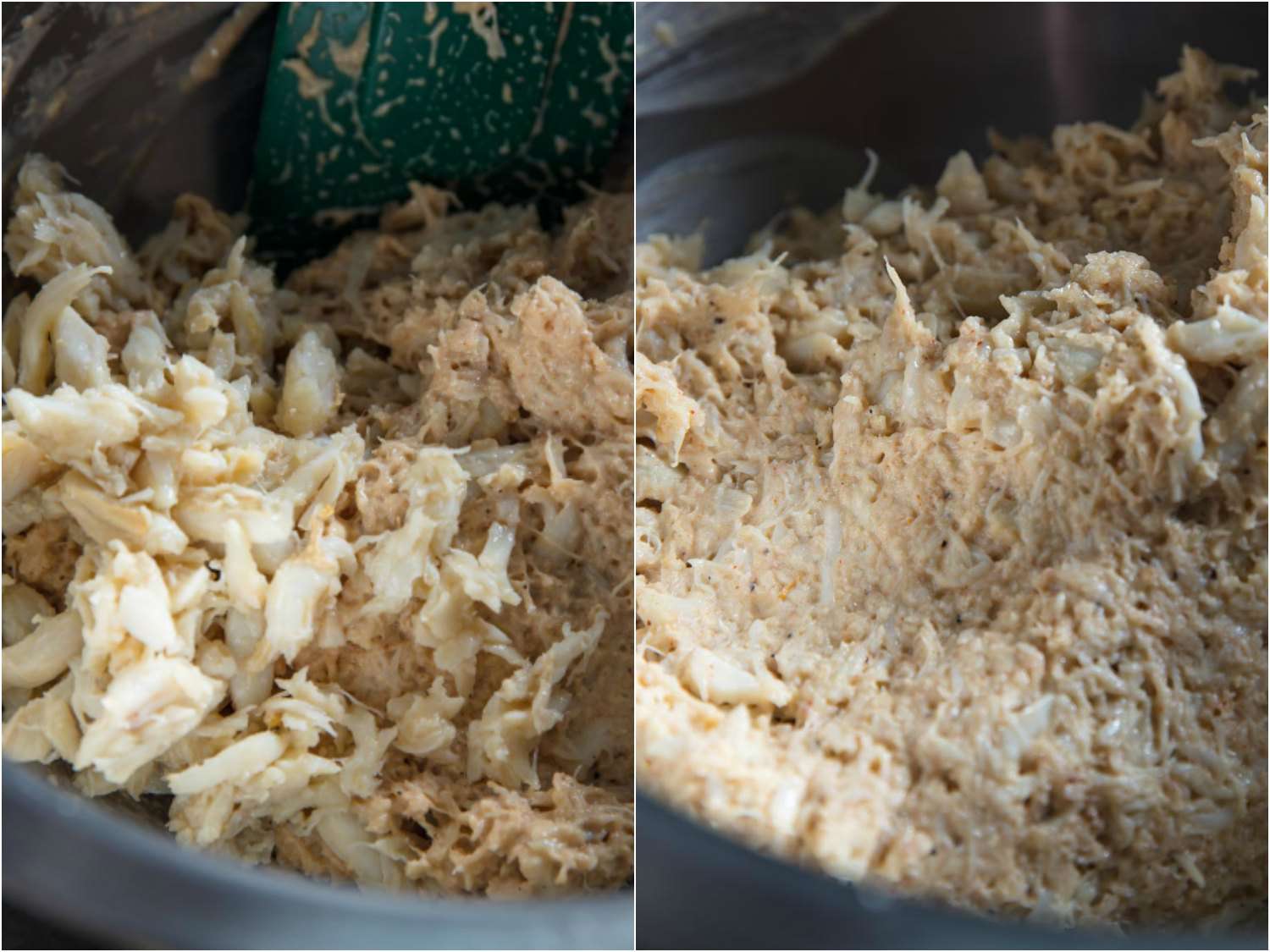 A collage showing the crab cake mixture before and after the last half of crabmeat is gently folded in.