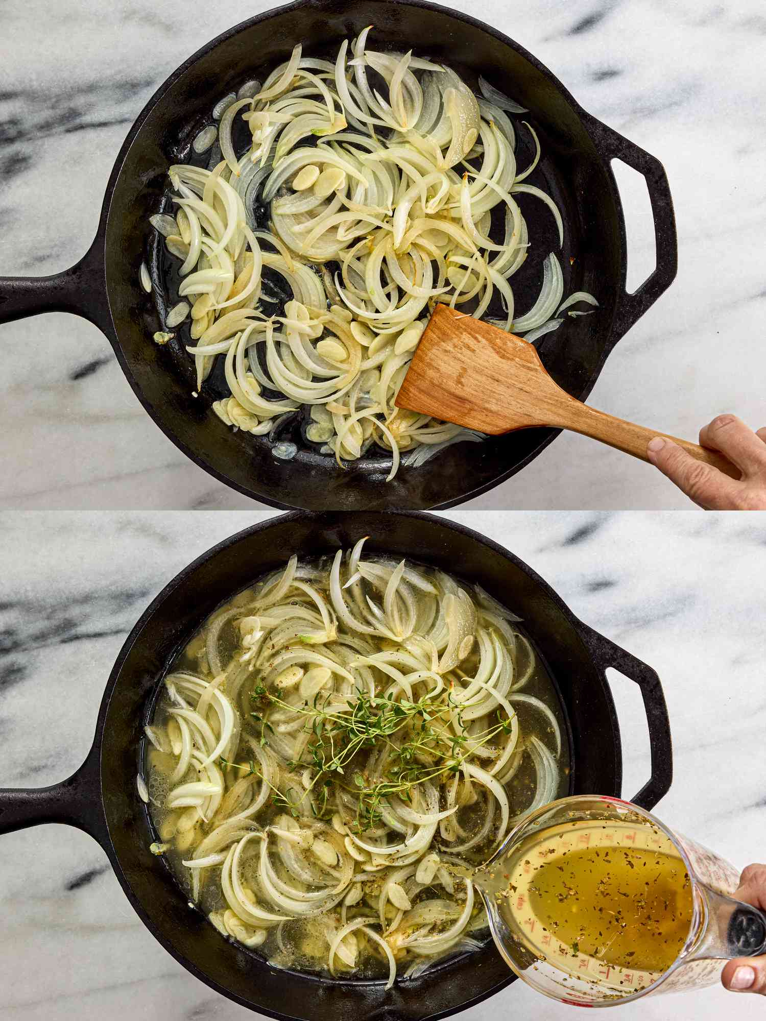 2 image collage. Top: sauteeing onion and garlic in skillet. Bottom: adding liquid to onions and garlic in skillet. 