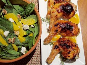 Orange glazed chicken, served with a spinach-blue cheese salad.