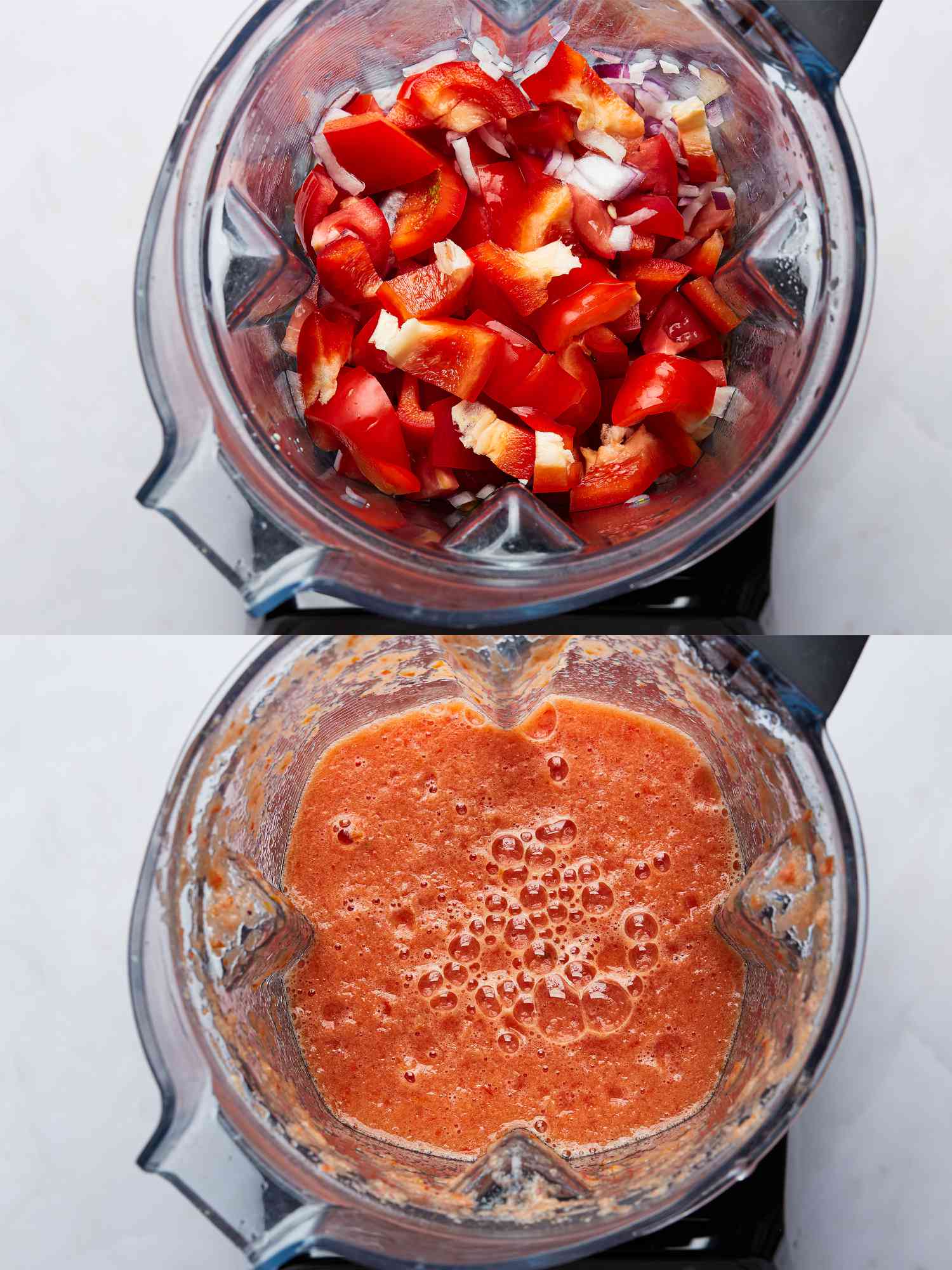 Two image collage of creating stew base in blender