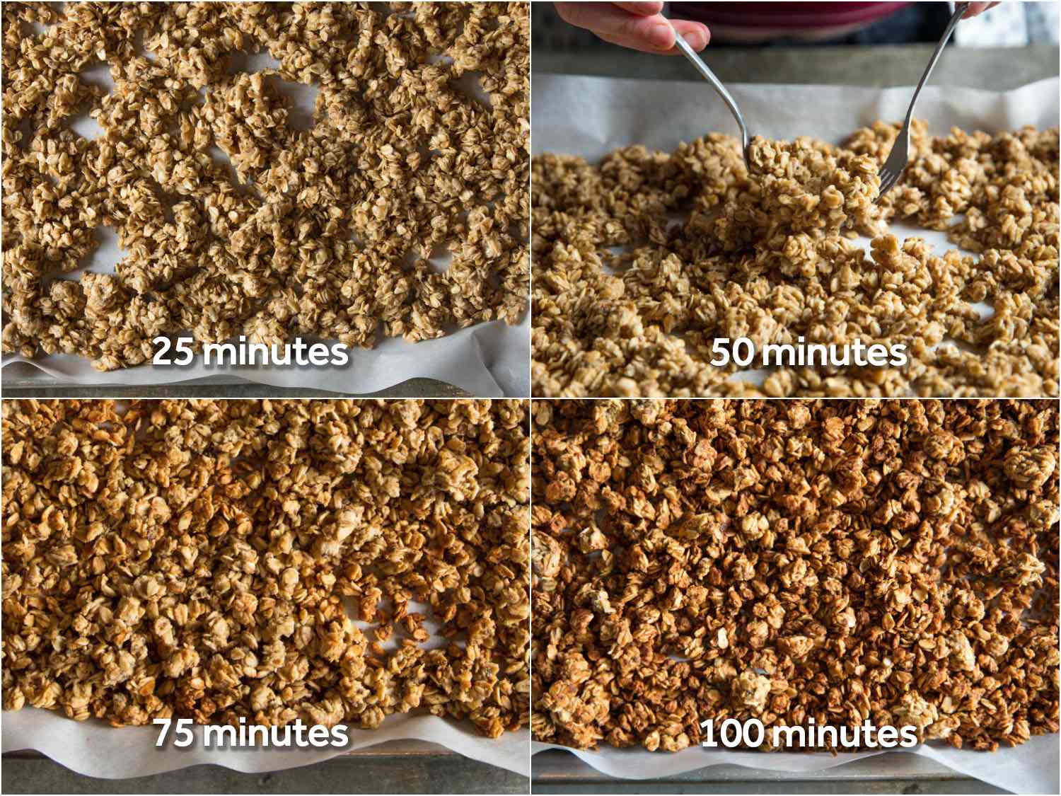 A 4-image collage of how the granola looks after 25, 50, 75, and 100 minutes in the oven. After 25 minutes, the granola is barely browned. After 100 minutes, the granola looks golden brown. 