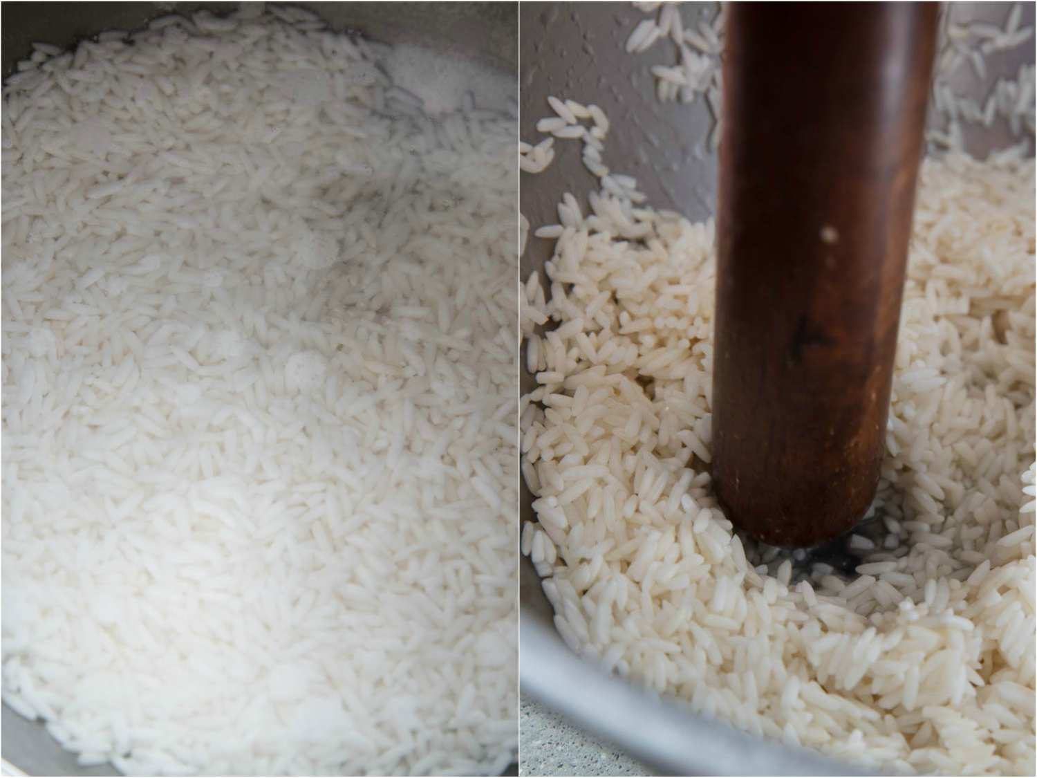 Collage of soaked rice being broken up with a muddler.