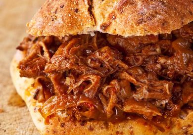 Close-up of slow cooker pulled pork with Dr. Pepper sandwich