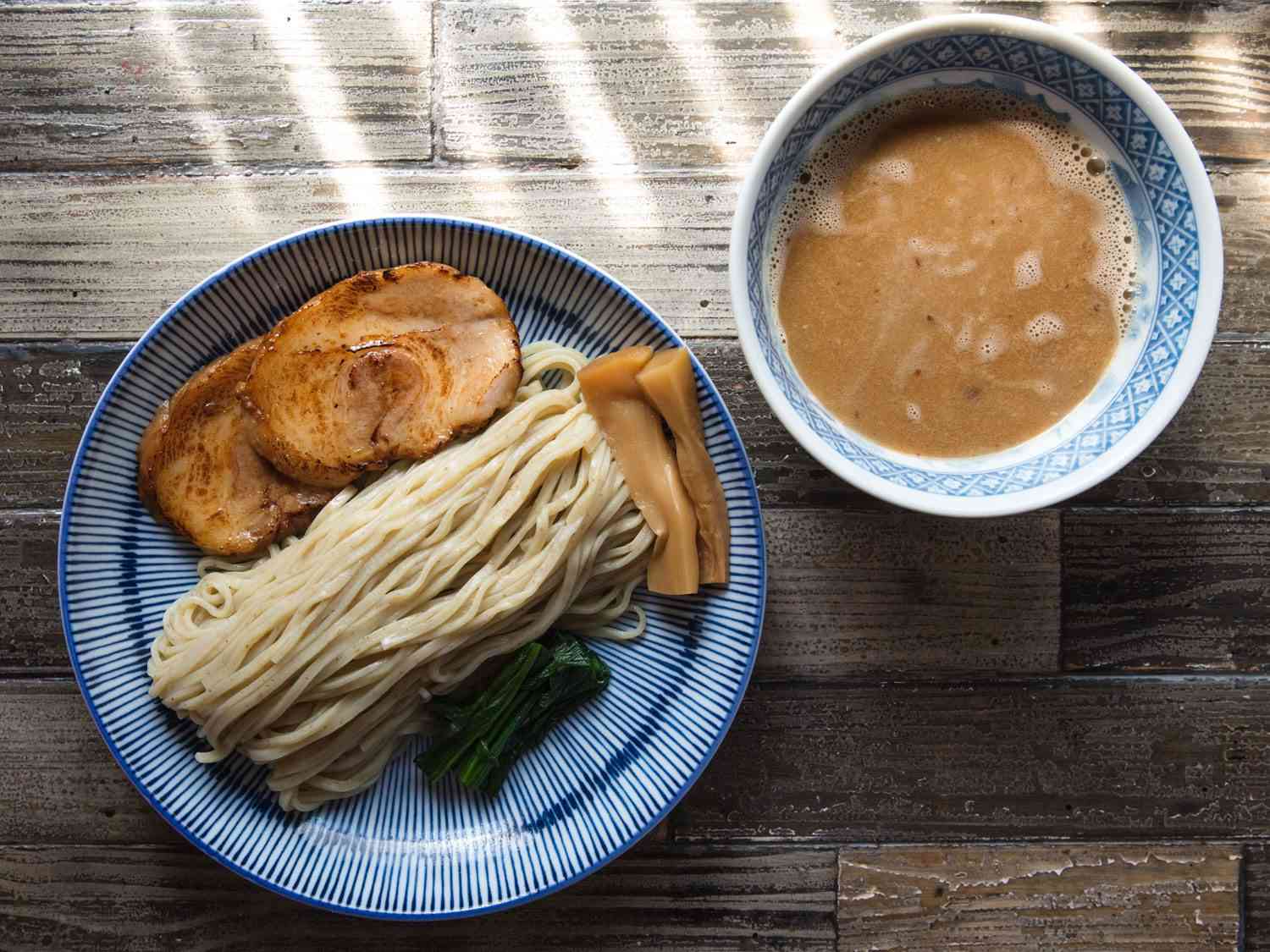 Overhead view of Shack-style tsukemen at Ramen Shack