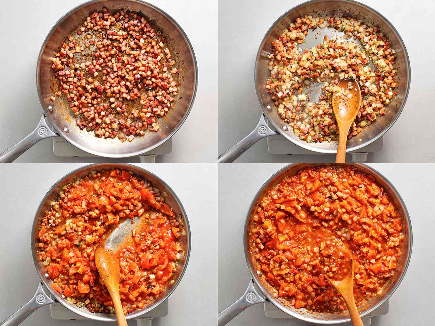 A collage showing the bacon, onions, garlic, and tomatoes being cooked down into a thick paste.