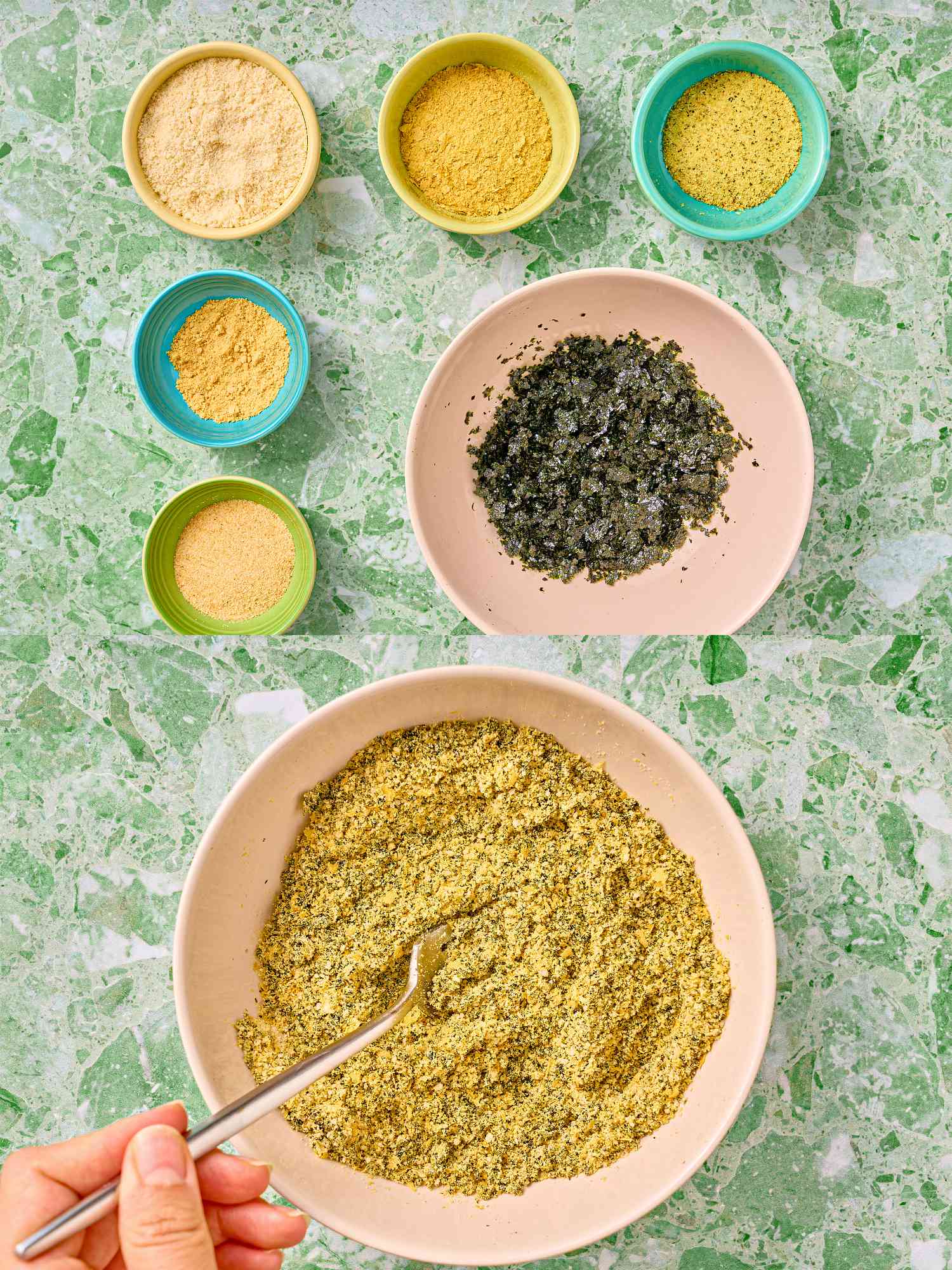 two image collage of ingredients before and after being mixed