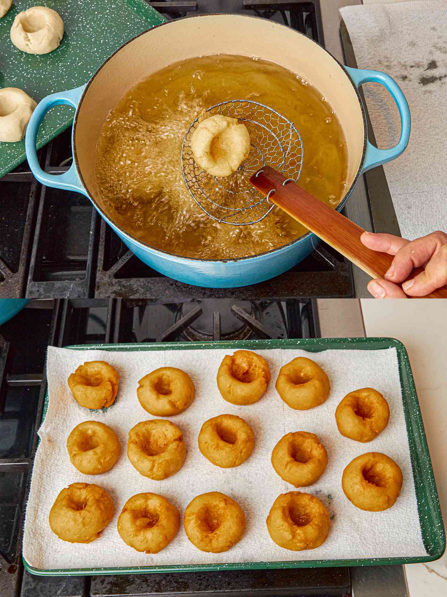 Two image collage of frying dough
