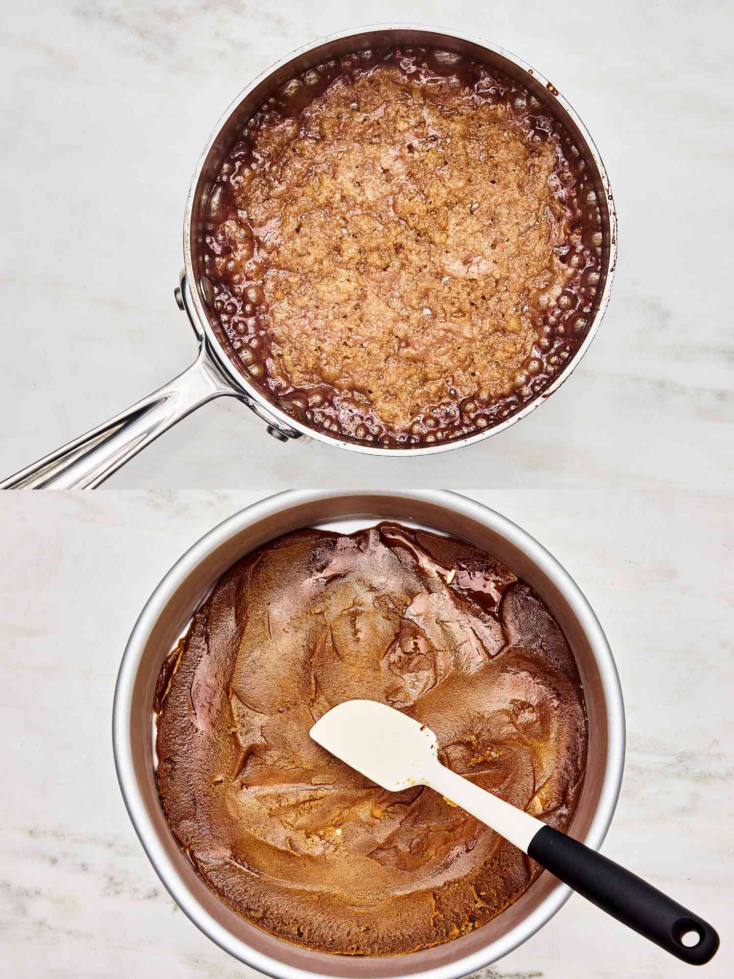 Two image collage of browning sugar and putting in bottom of pan
