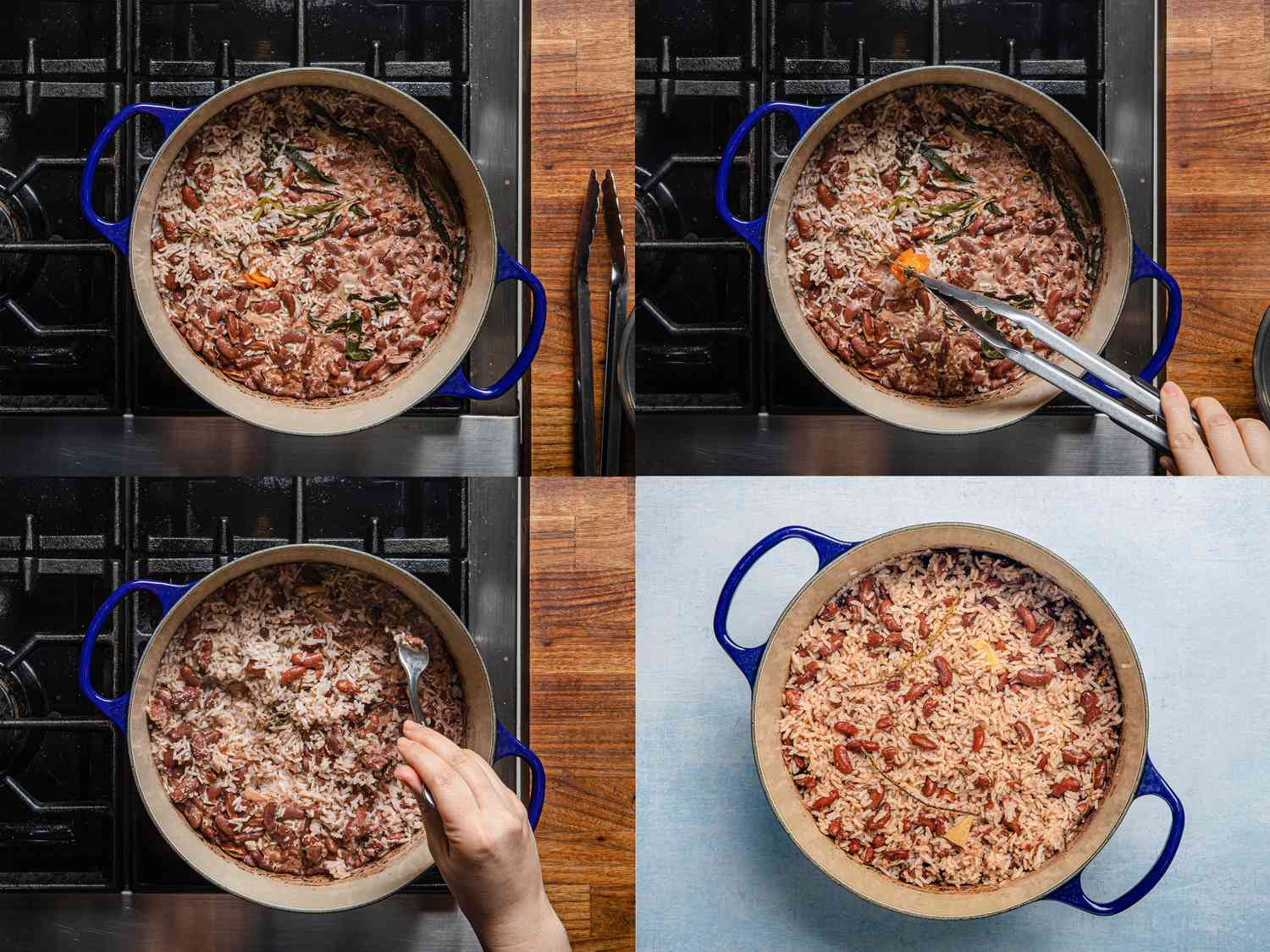Four image collage of overhead view of rice finished cooking in pot, removing scotch bonnet, fluffing rice, and pot of Jamaican rice and peas on a blue surface