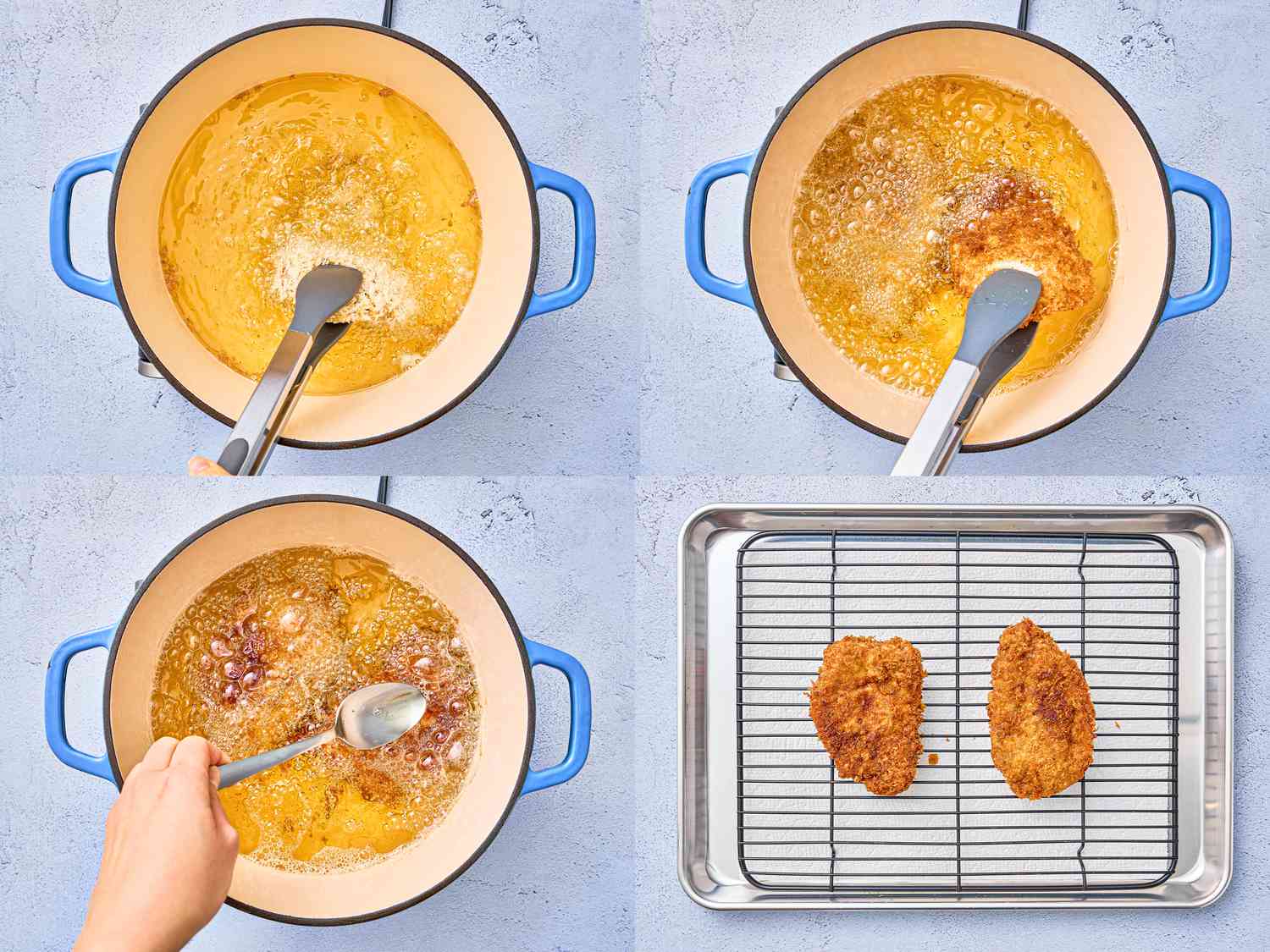 Four image collage of frying cutlets