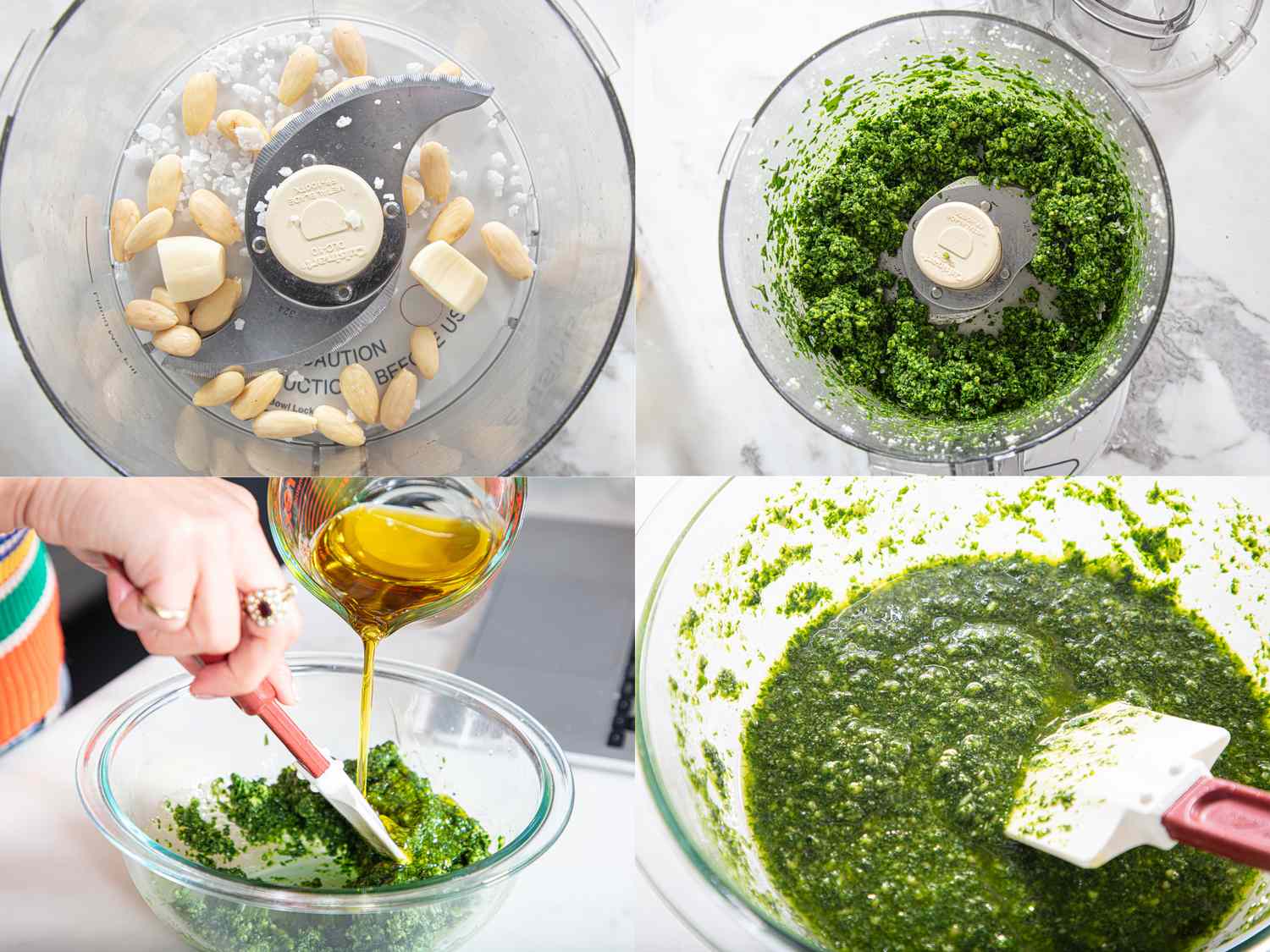 Steps in making pesto including blending ingredients stirring in oil and the completed paste in a bowl