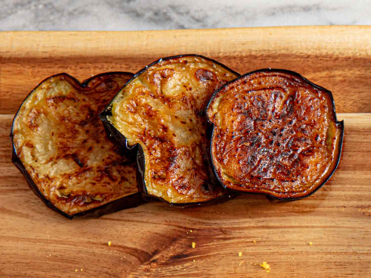 Overhead view of fried eggplants