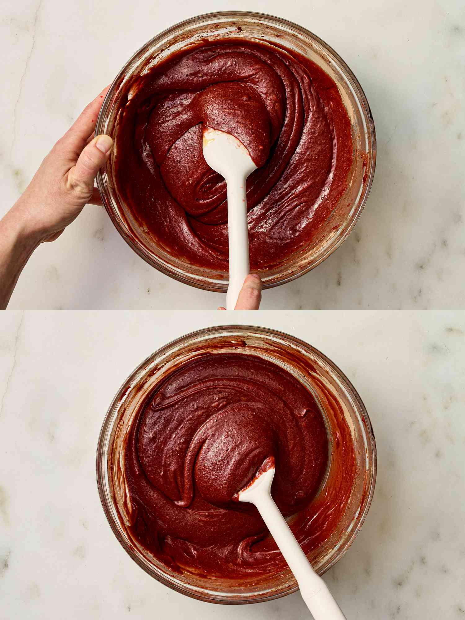 2 image collage. Top: folding in flour, cocoa, and salt in bowl. Bottom: adding vinegar into batter in bowl on marble surface