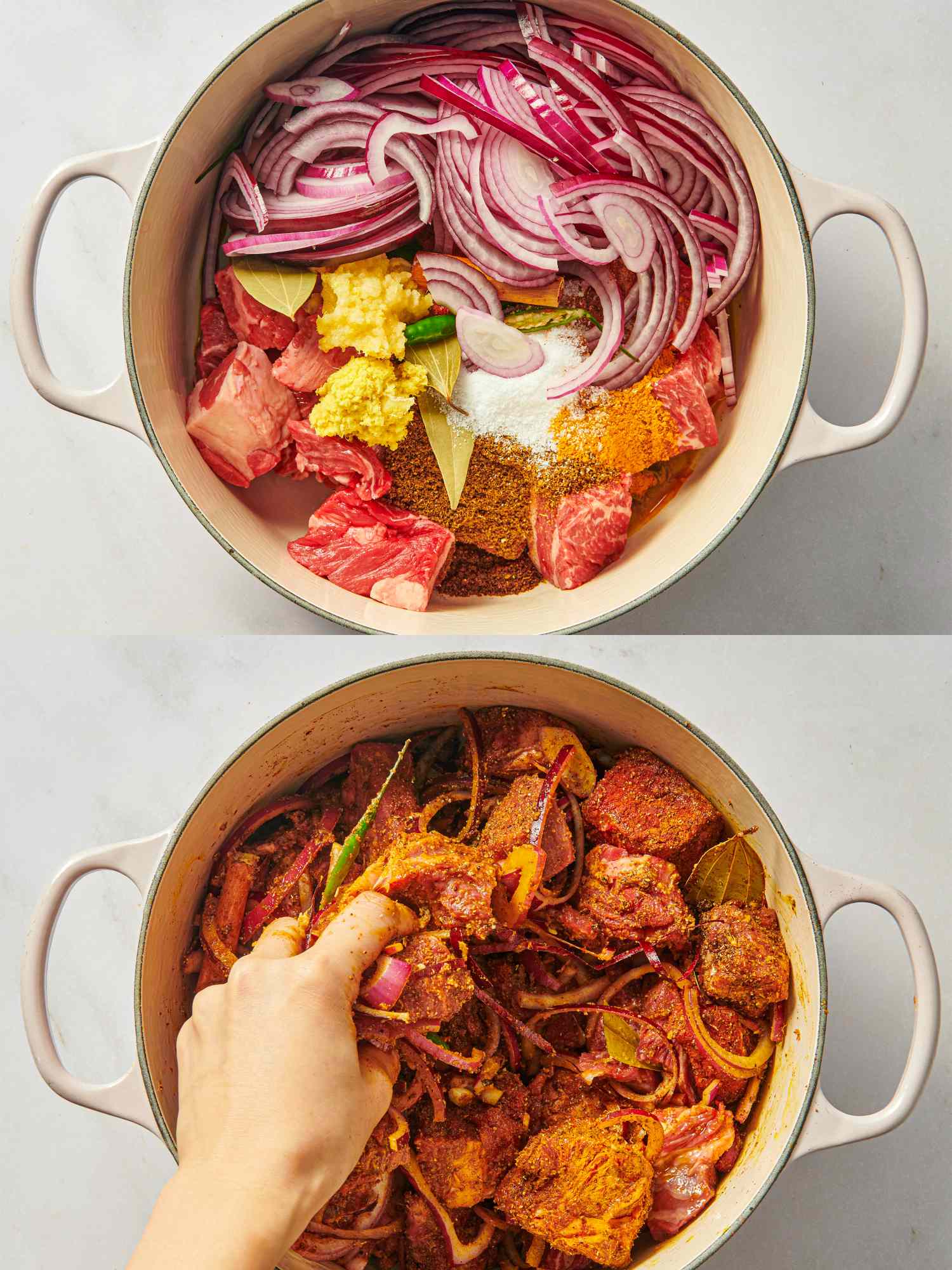 Steps for preparing a dish with raw ingredients and mixing them in cookware